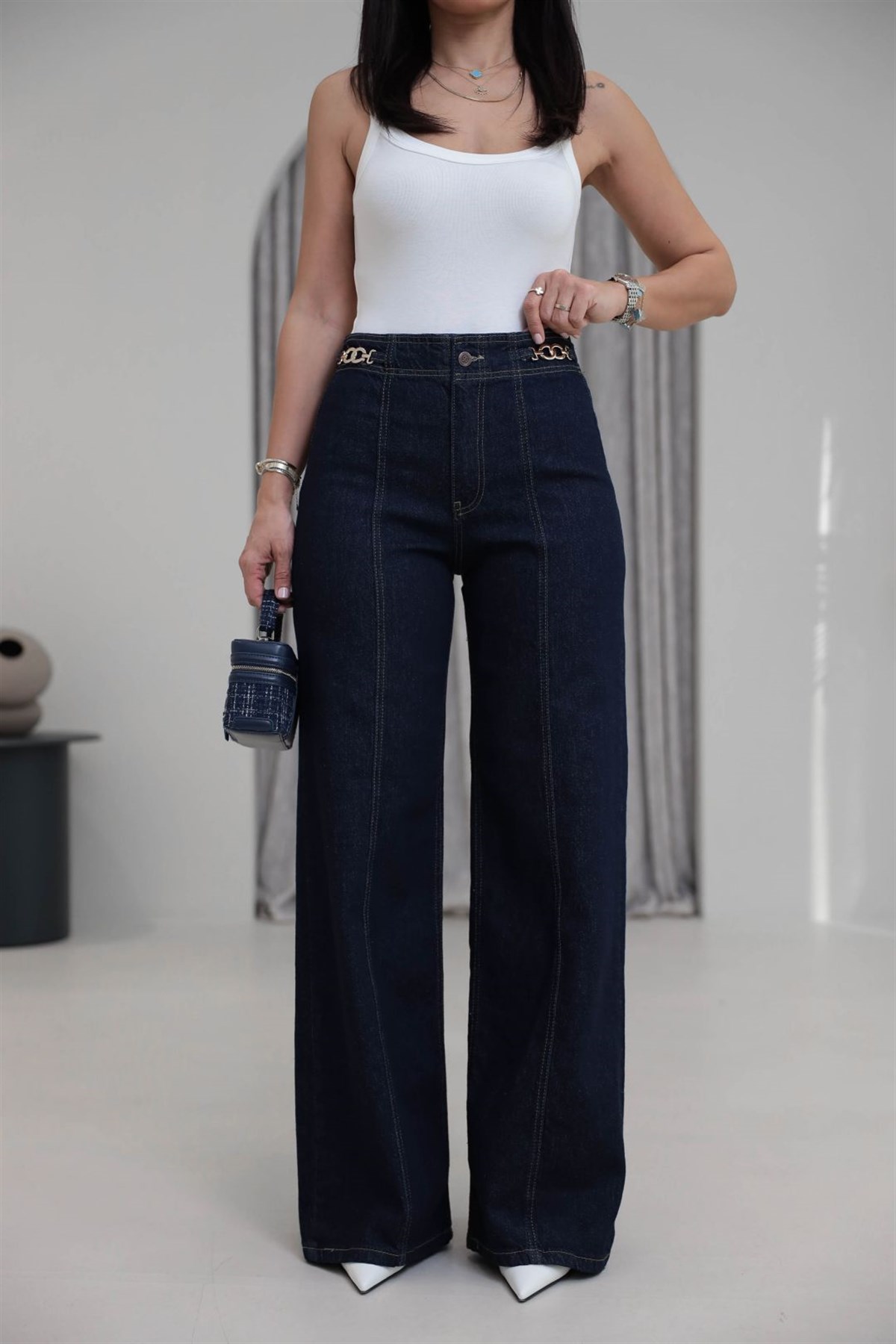 1046 Beli Aksesuar Detaylı Palazzo Jean LACİVERT
