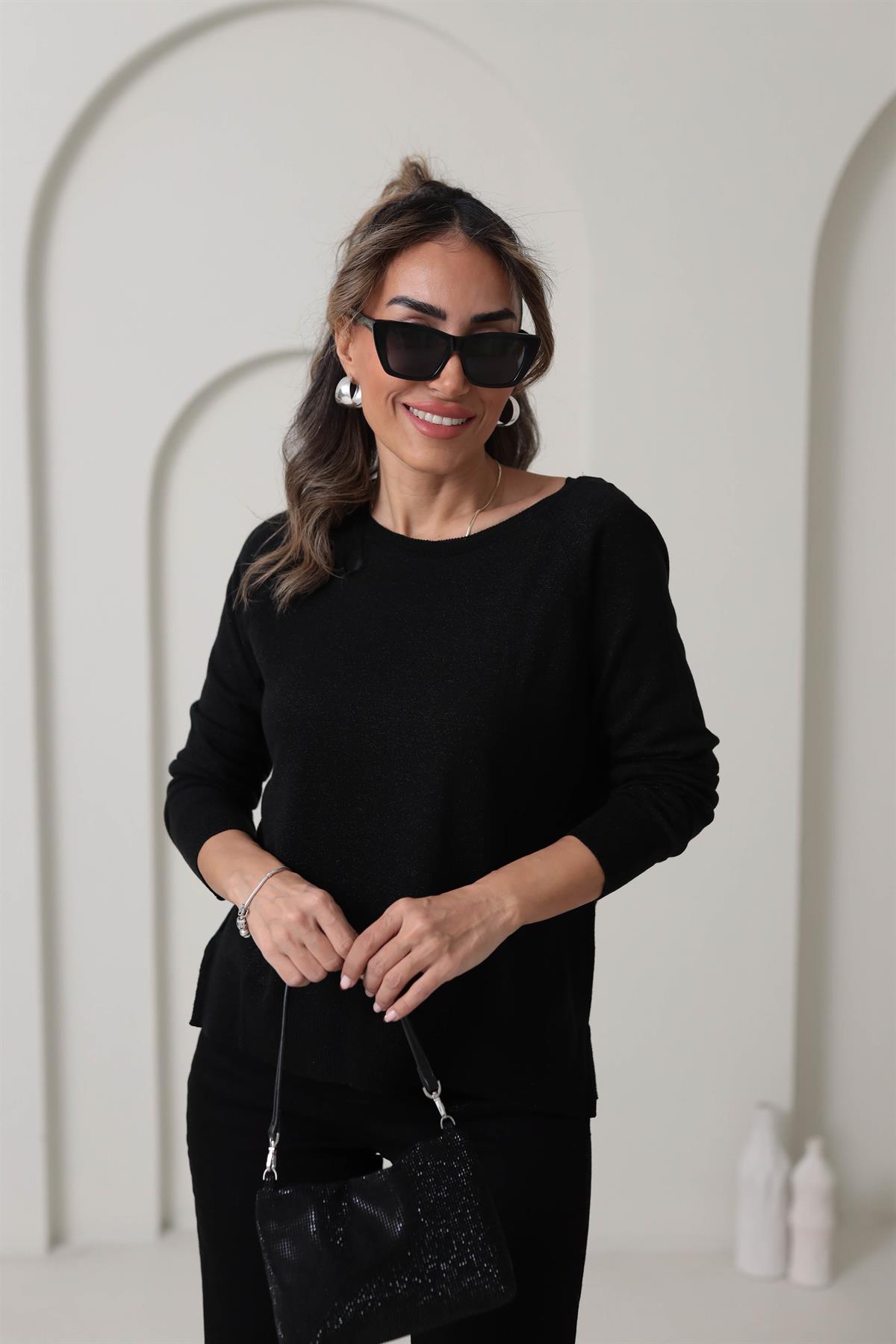 0557 Bisiklet Yaka Simli Basic İnce Triko SİYAH