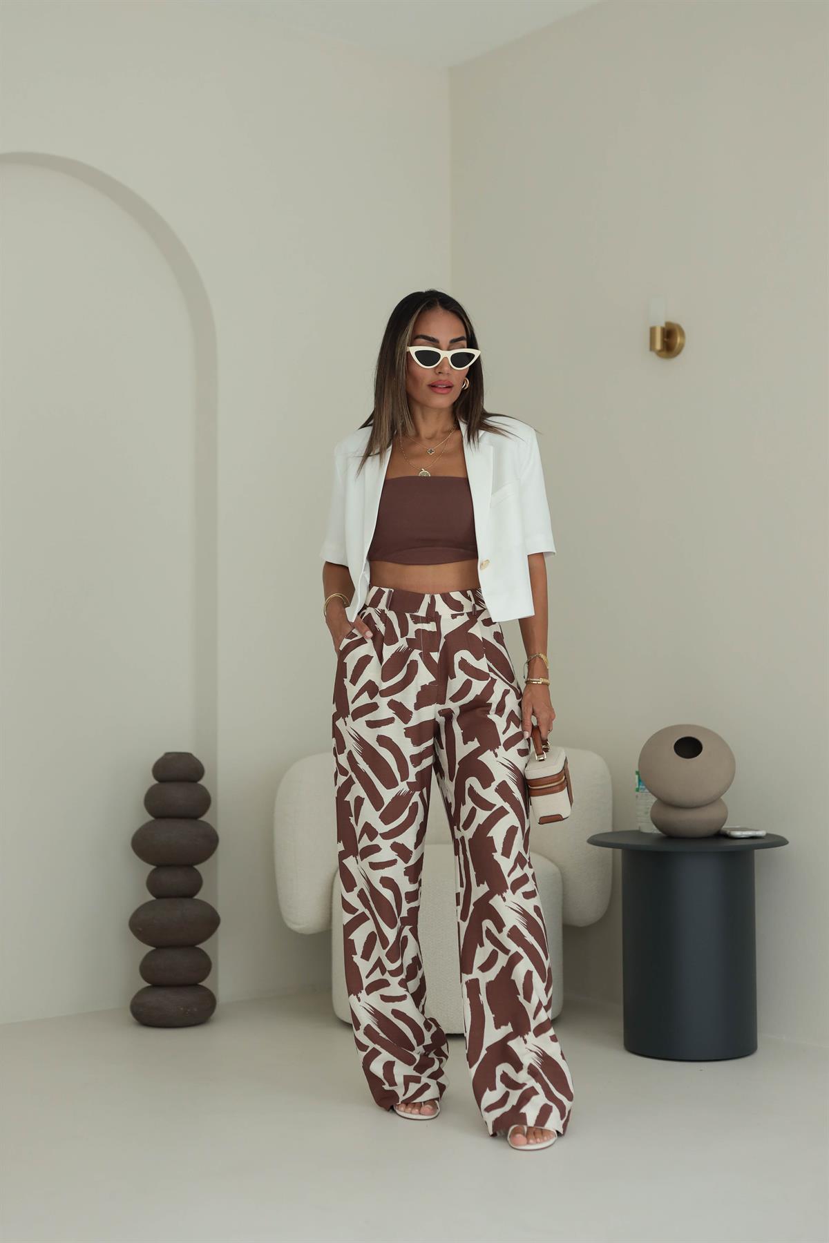 1338 Yüksek Bel Desenli Bol Paça Pantolon