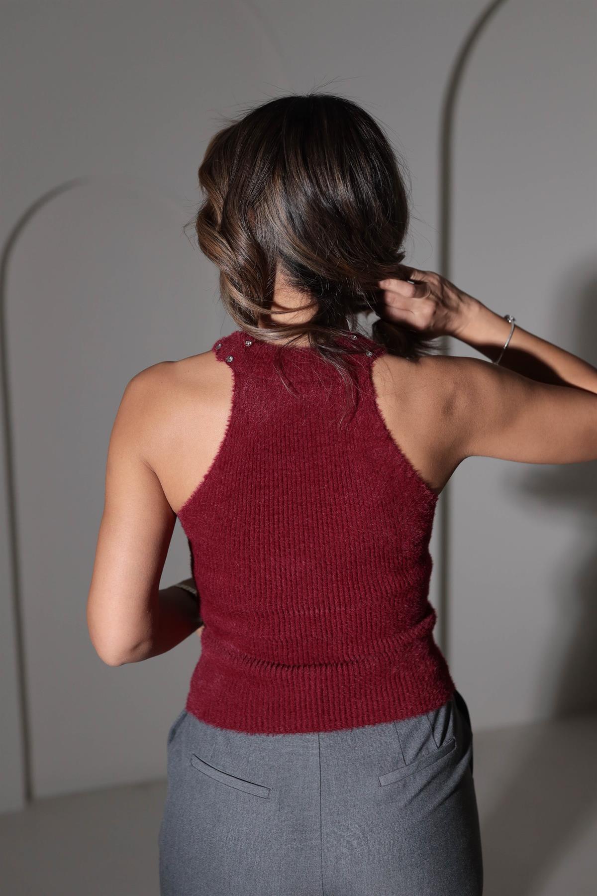 0291 Angora Yakası İncili Taşlı Kolsuz Bluz BORDO