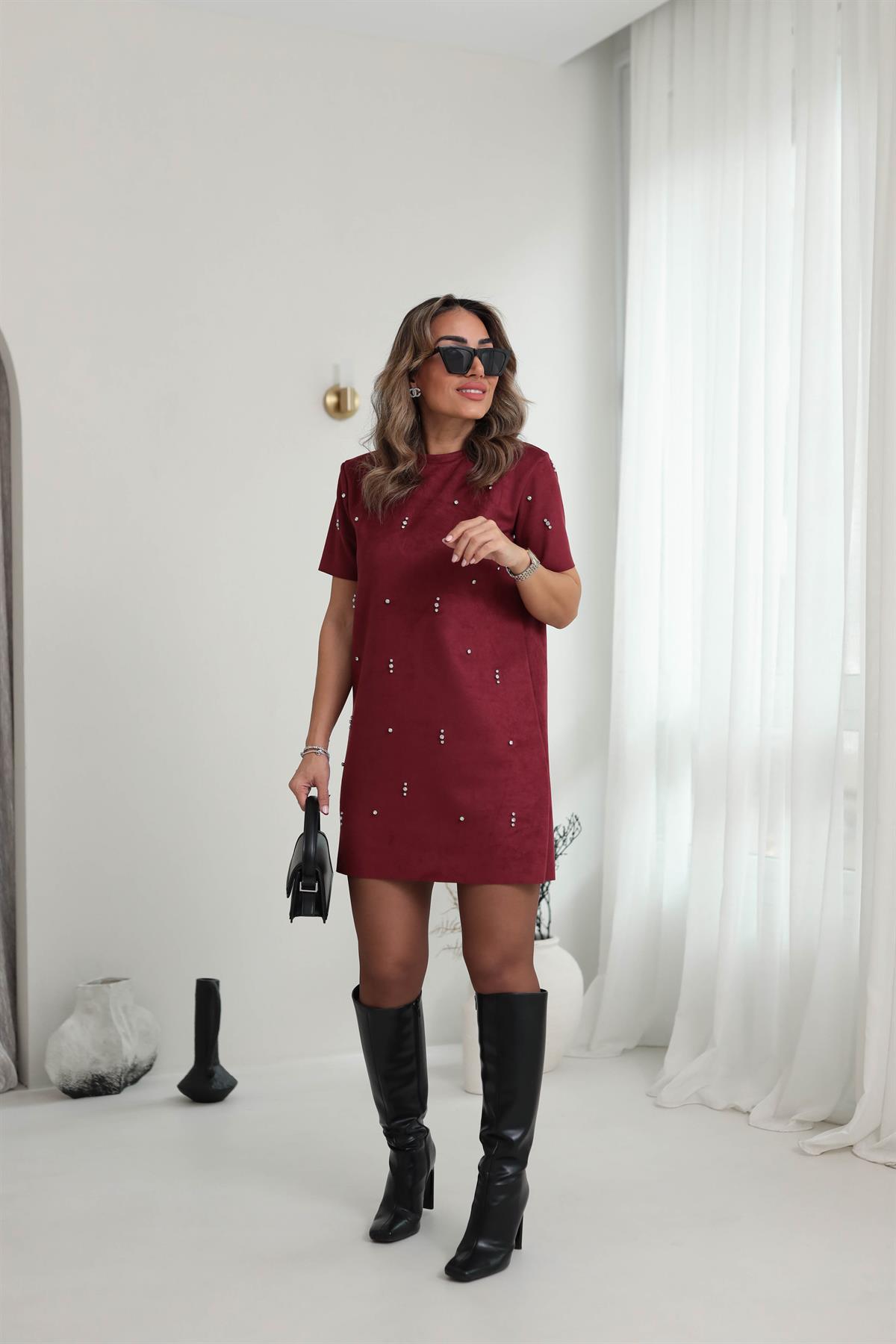 107 Nubuk Taş İşlemeli Elbise BORDO