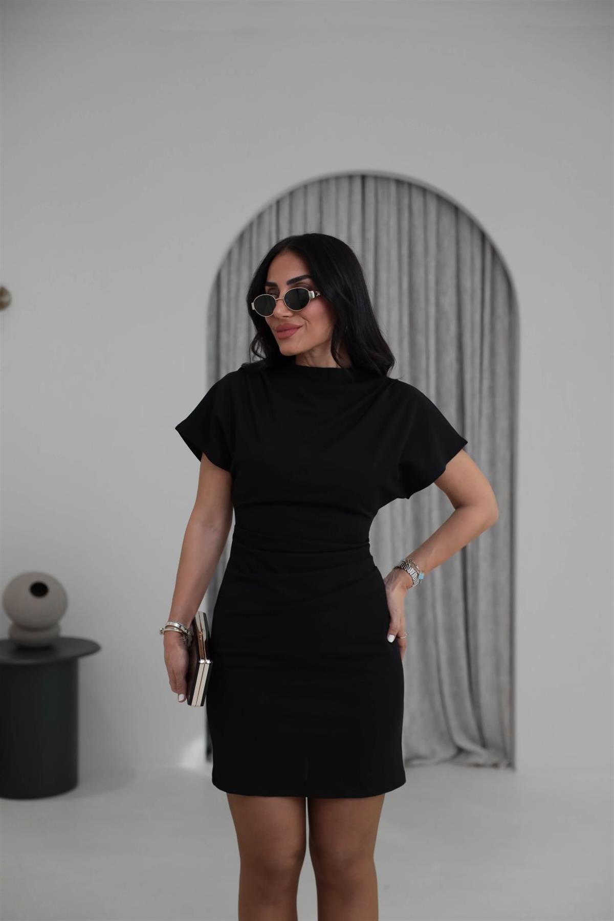 1026 Likralı Drapeli Double Krep Elbise SİYAH