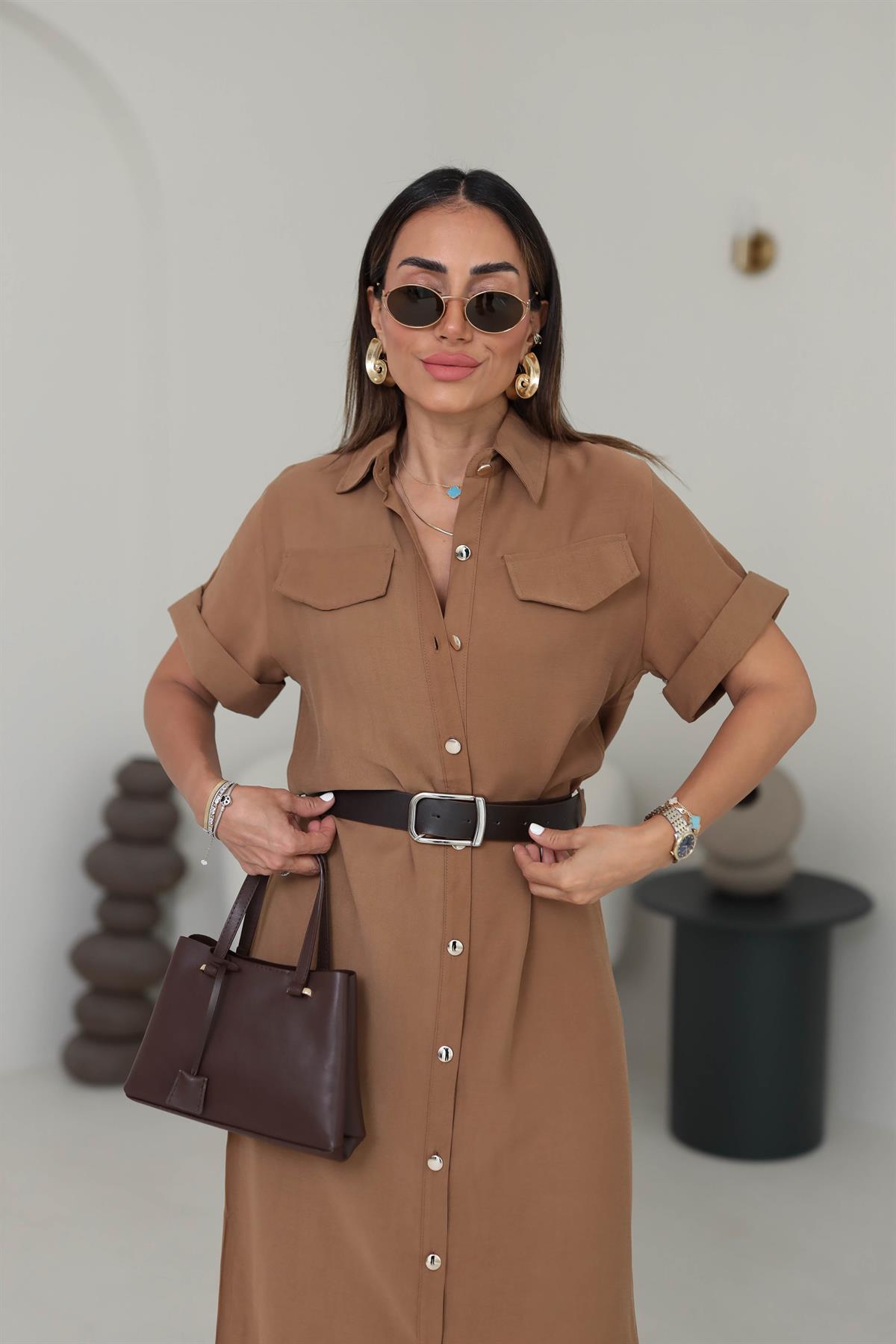 0334 Gold Düğmeli Kemerli Tencel Gömlek Elbise TABA
