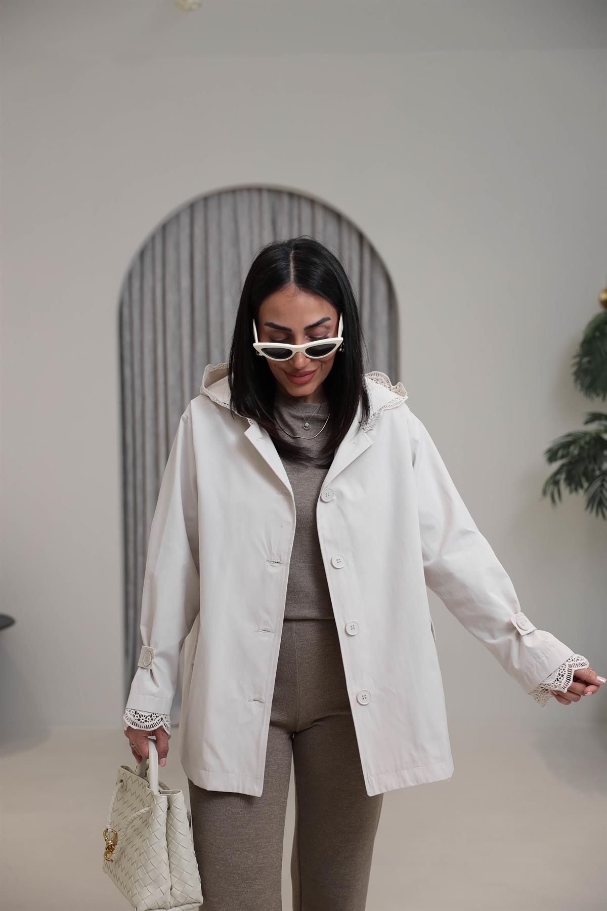 9719 Güpür Detay Teknik Kumaş Trençkot TAŞ