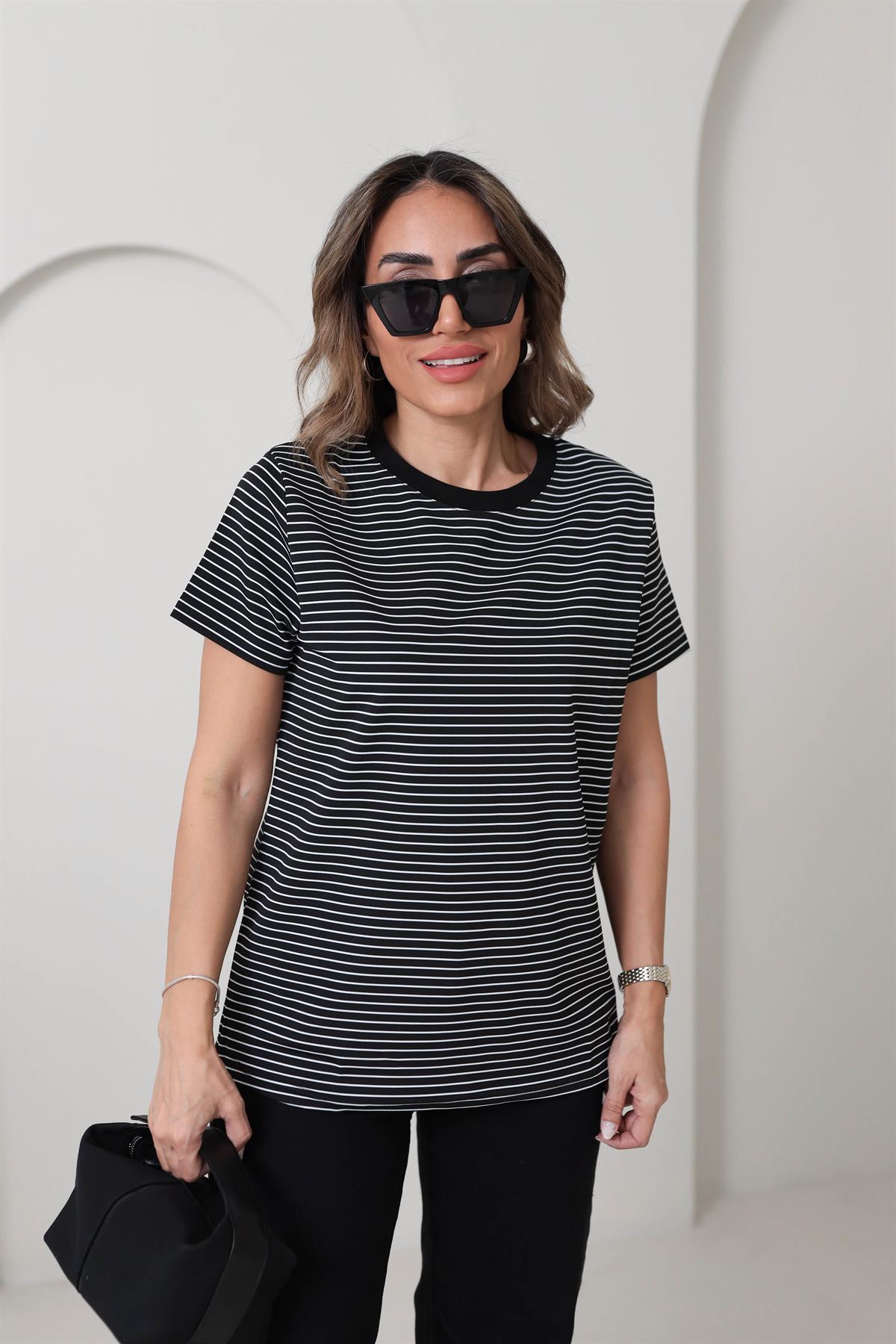 4192 Bisiklet Yaka Çizgili Tshirt ÇİZGİLİ