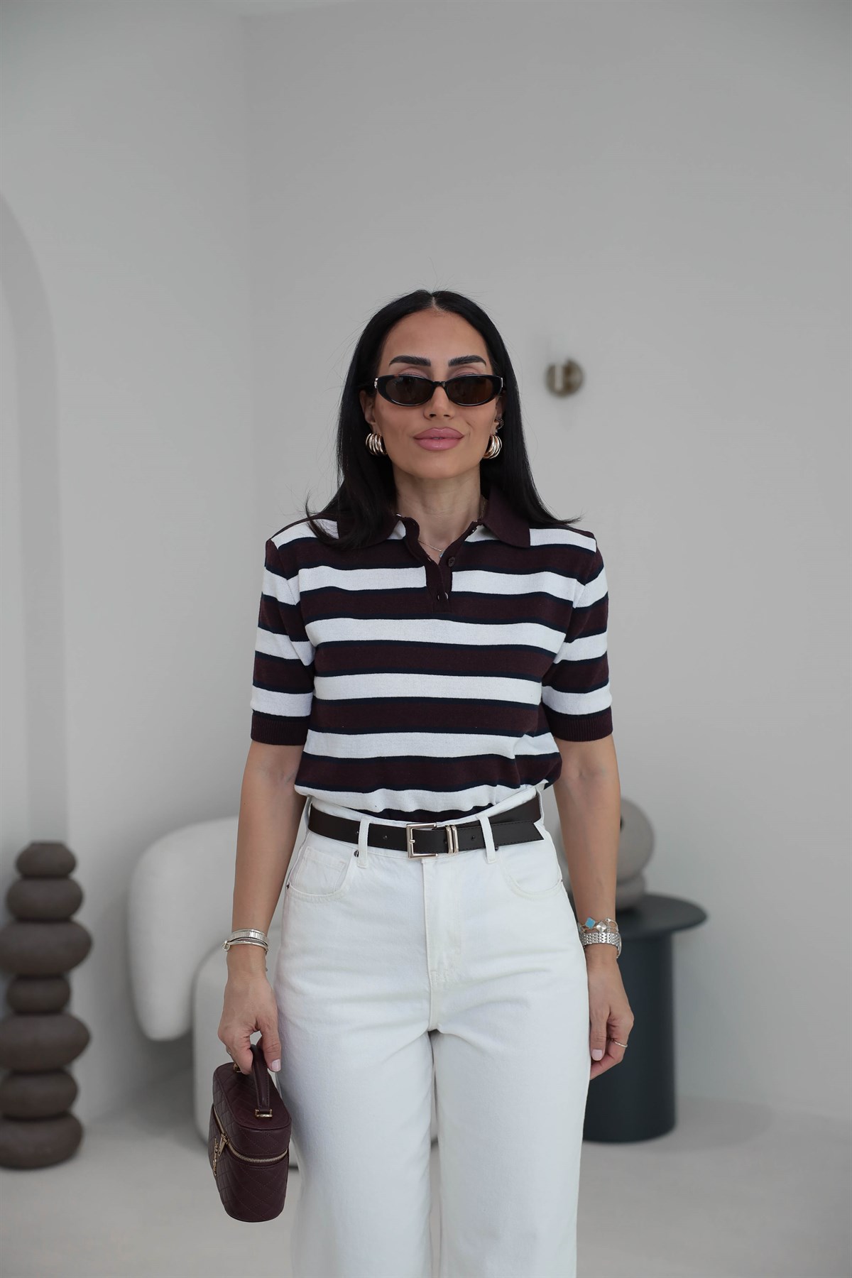 Polo Yaka Çizgili Massi Triko Bluz BORDO
