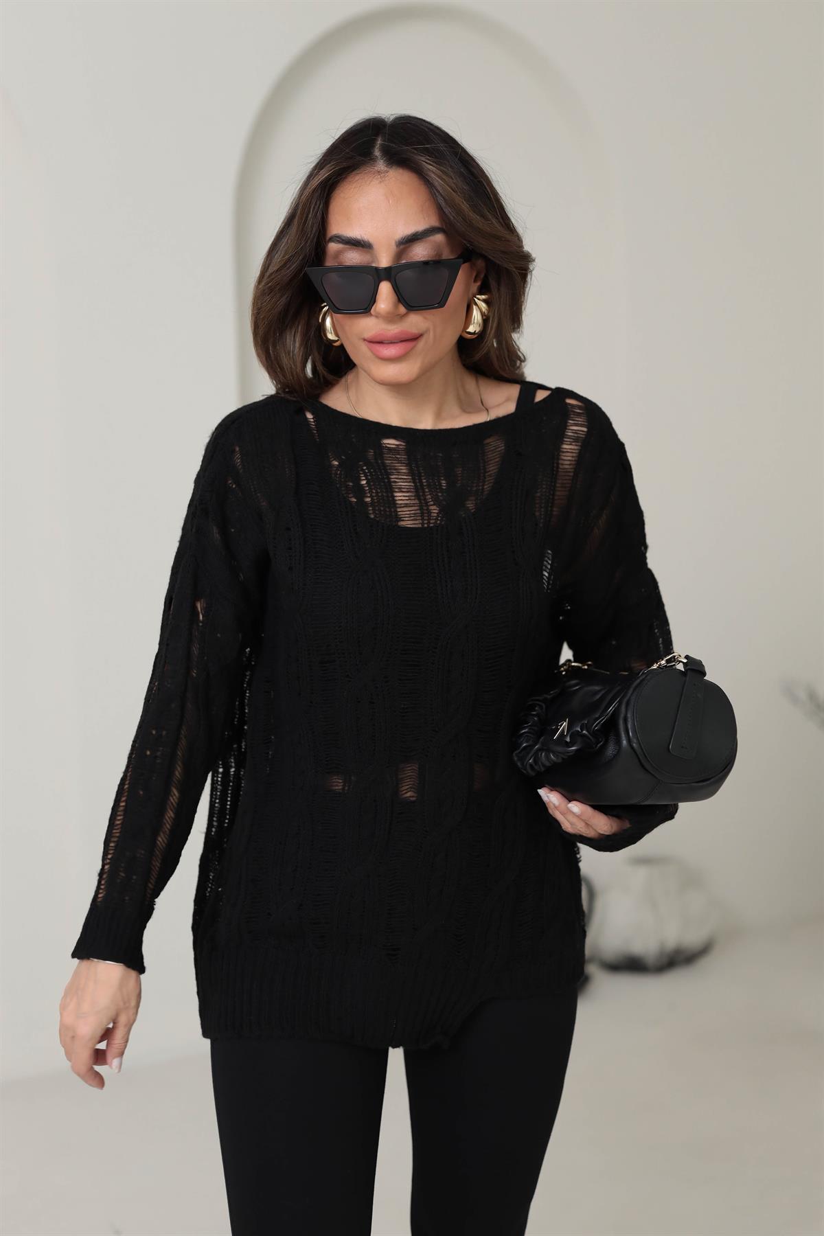 4134 Saç Örgülü Ajurlu Triko SİYAH