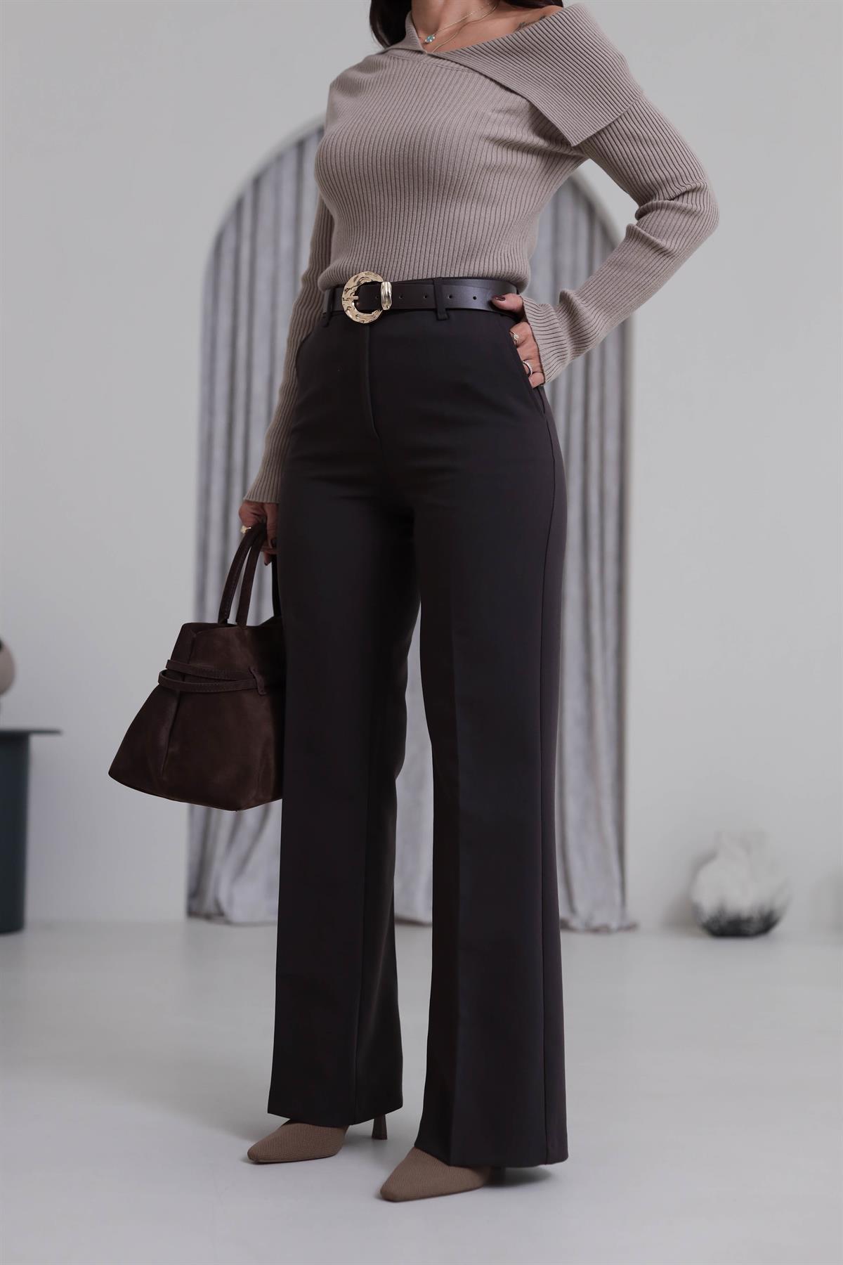 7038 Kemerli Kumaş Pantolon KOYU KAHVE