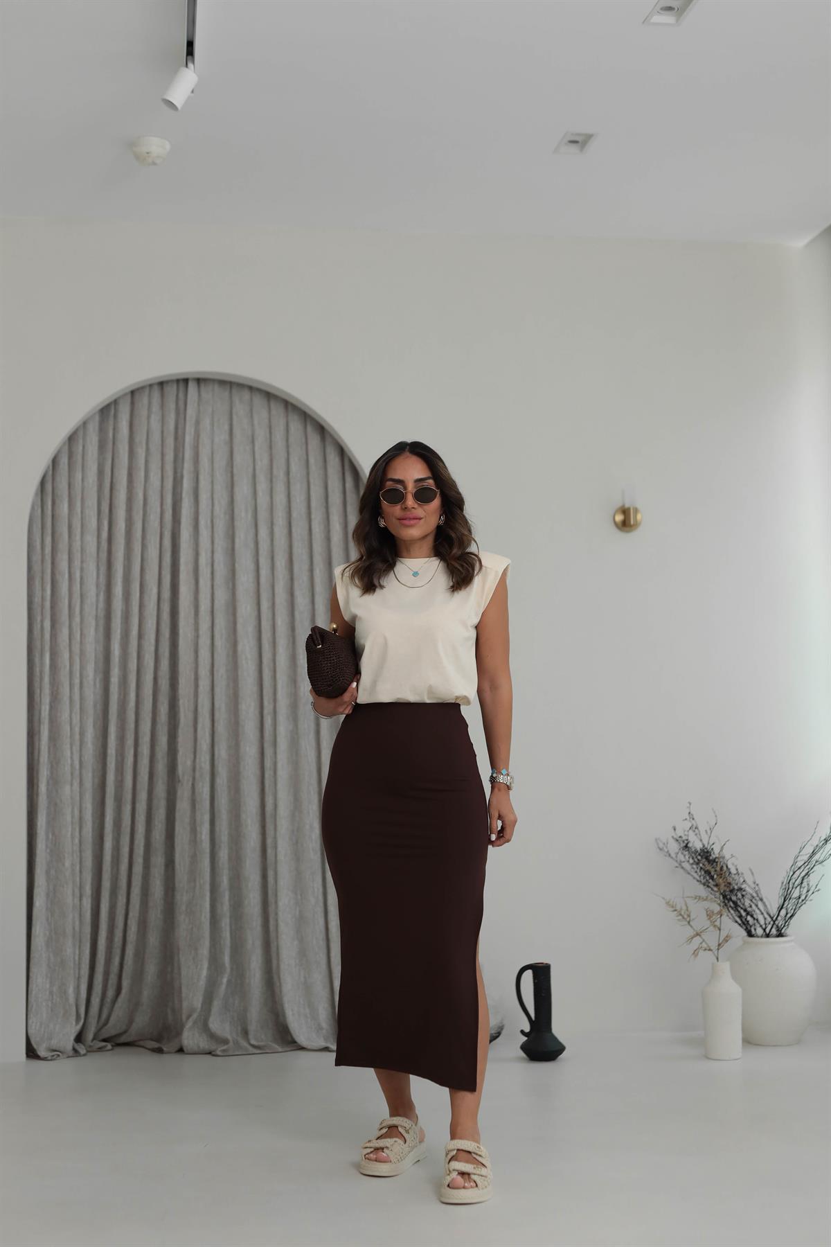 4861 Uzun Yırtmaçlı Modal Etek KAHVE