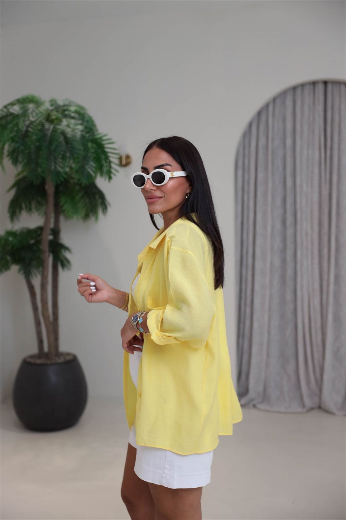 4612Y Tencel Omzu Düşük Oversize Gömlek Koyu Sarı