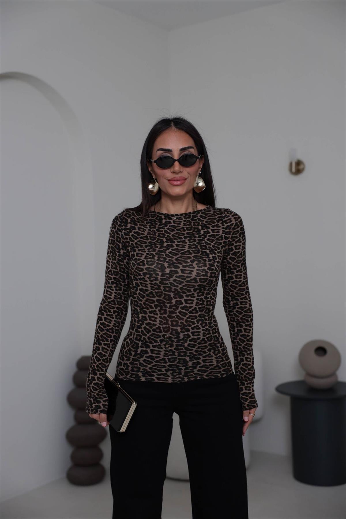 2206 Kayık Yaka Uzun Kol Leopar Bluz LEOPAR KAHVE
