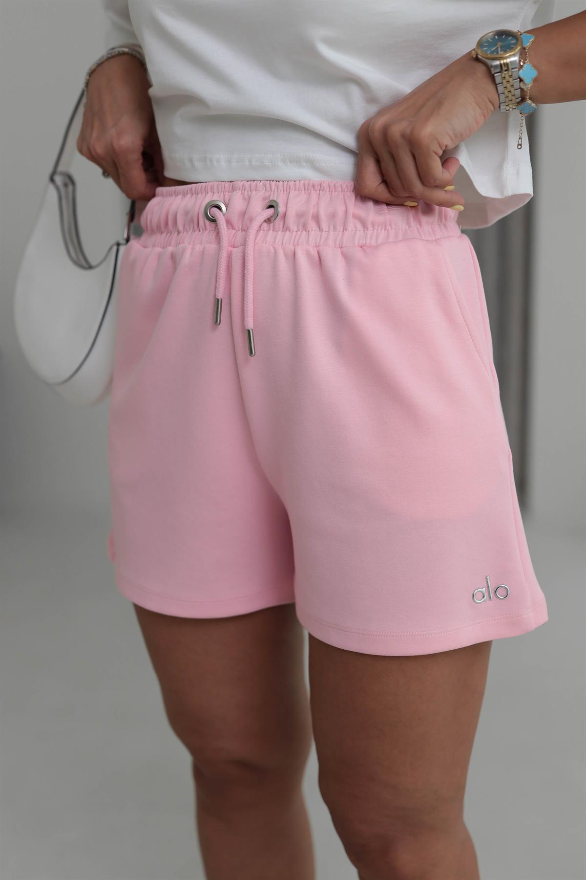 029 Gümüş Yazı Detaylı Modal Kumaş Şort PEMBE