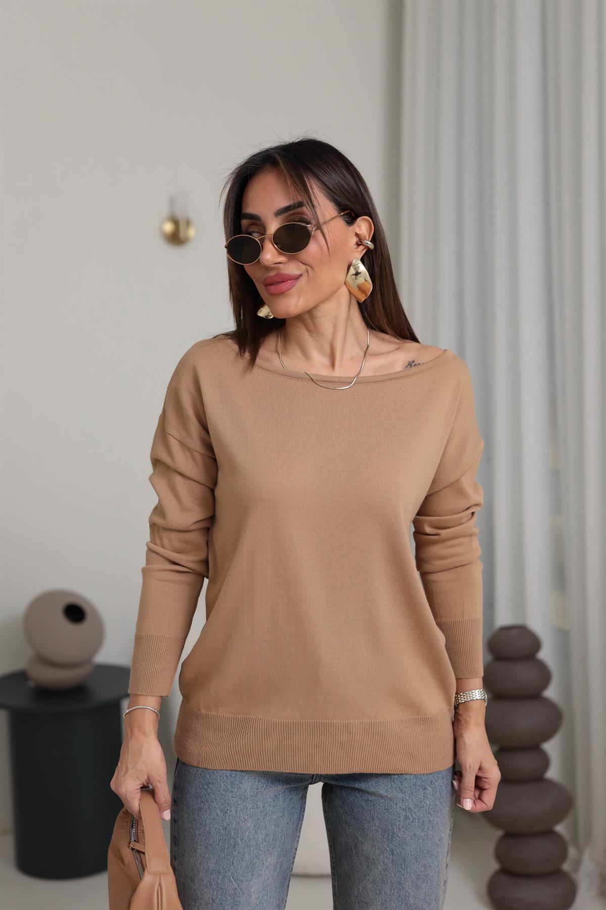 0734 Kayık Yaka T Kol Triko CAMEL