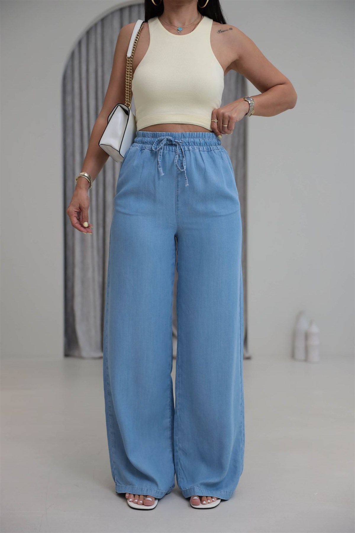 8298 Bel Lastikli Ultra Yumuşak Dokulu Palazzo Jean AÇIK MAVİ