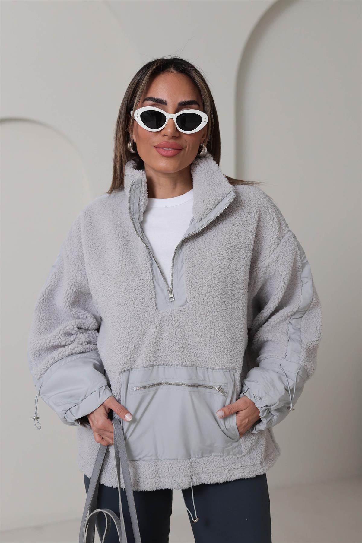 Yarım Fermuarlı Paraşüt Kumaş Detaylı Sweatshirt GRİ