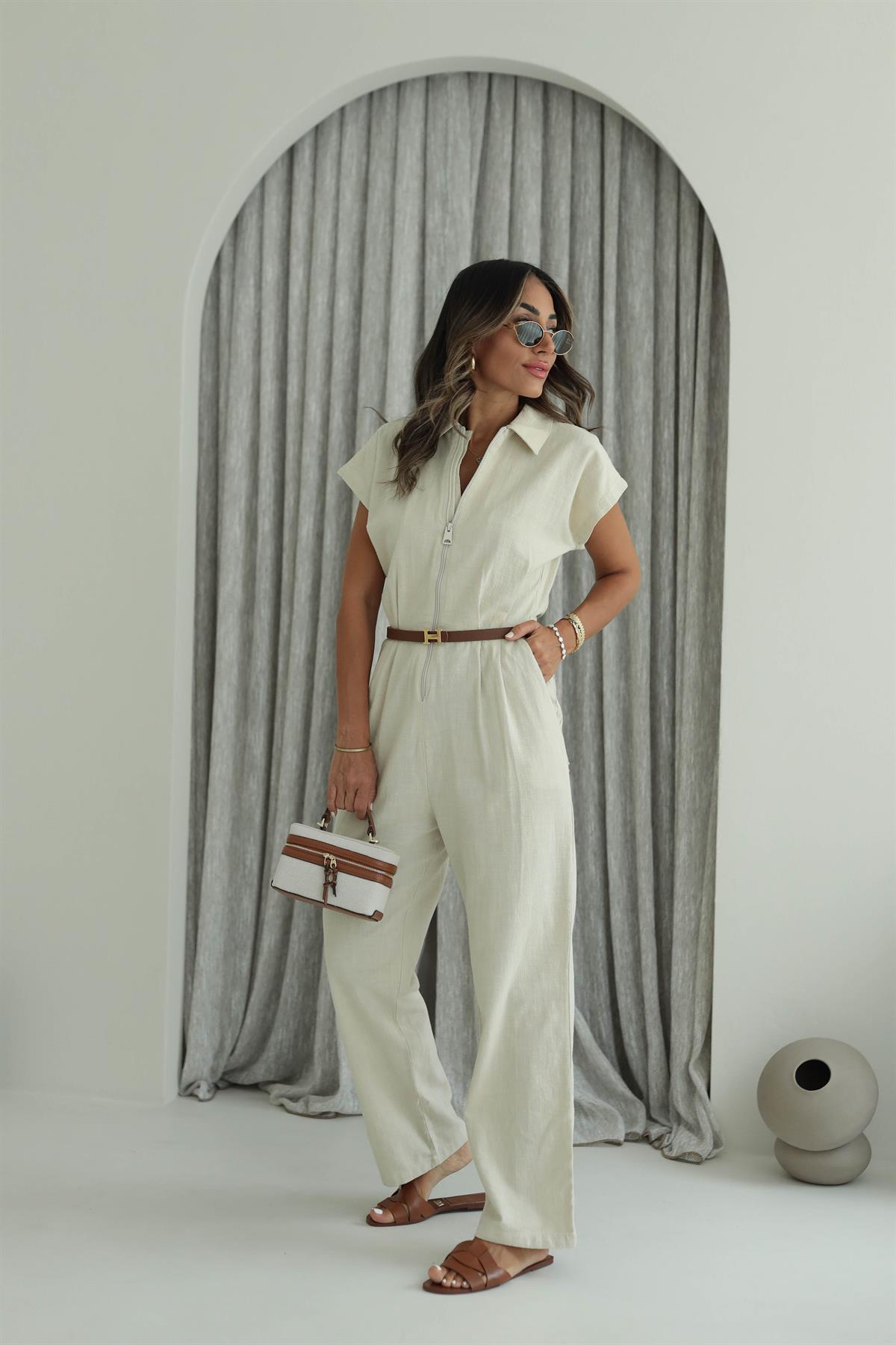 1310 Önden Fermuarlı Keten Tulum