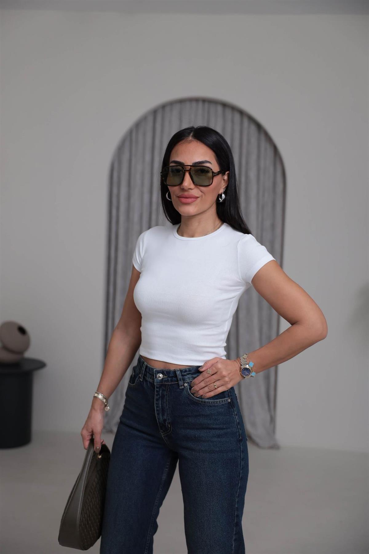 4173 Bisiklet Yaka Pamuklu Crop BEYAZ