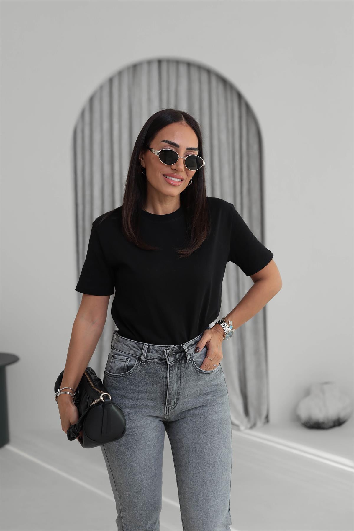 30312 Dekoratif Dikişli Bisiklet Yaka Tshirt SİYAH