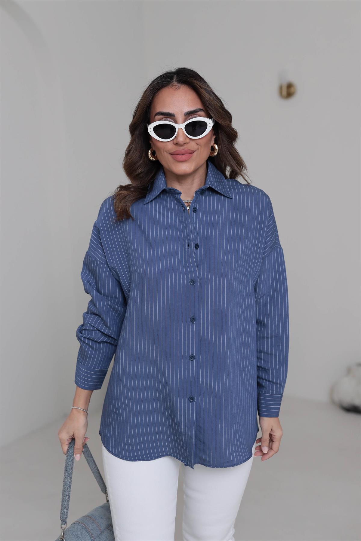 020 Çizgili Tencel Gömlek Indigo