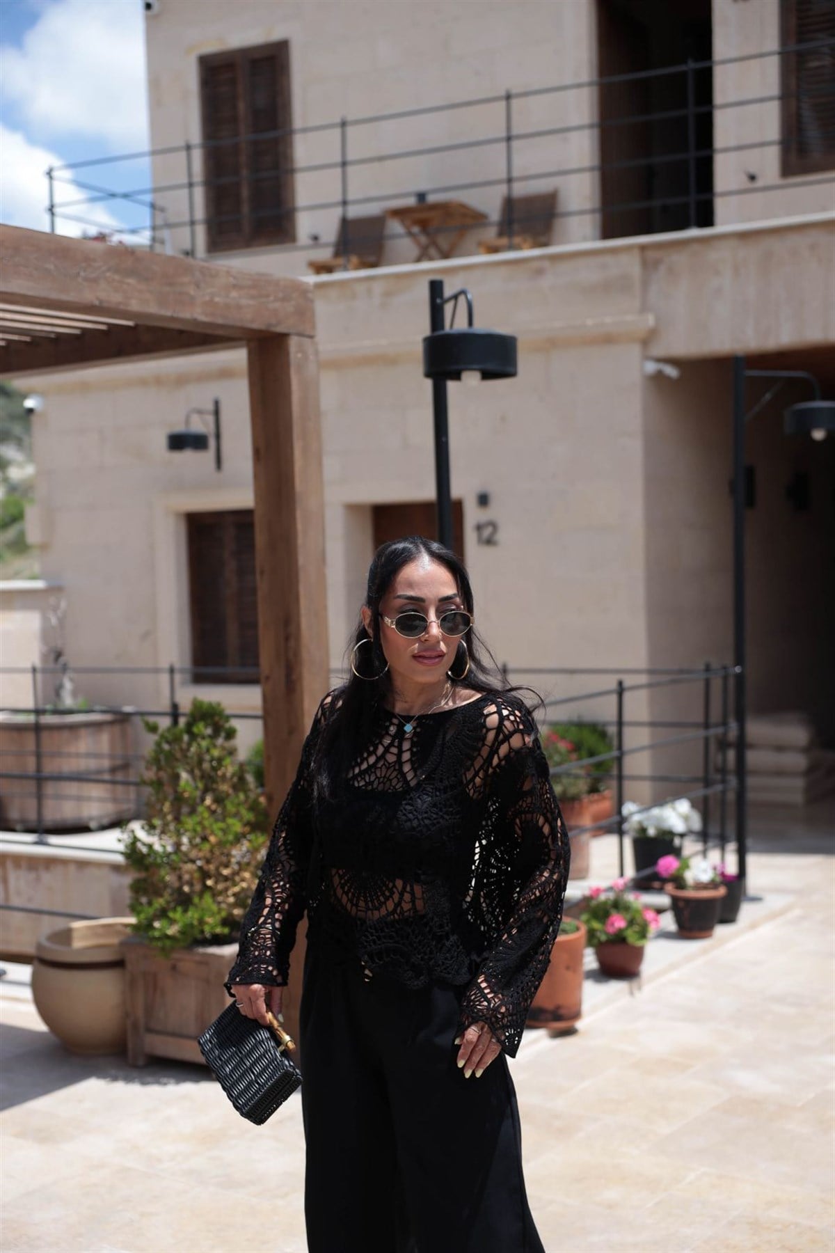 3000 Motifli Örgü Detaylı Bluz SİYAH
