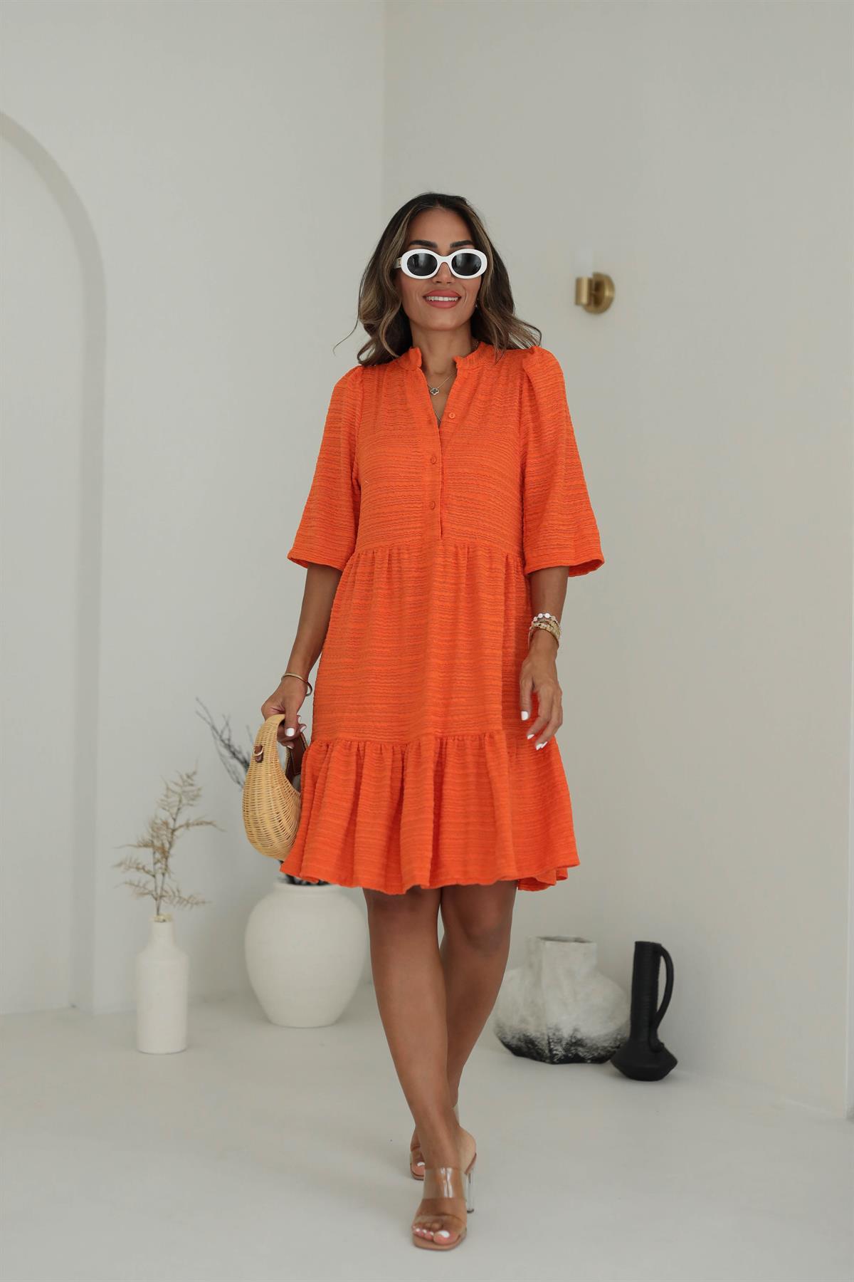 Hakim Yaka Düğme Detaylı Rahat Elbise