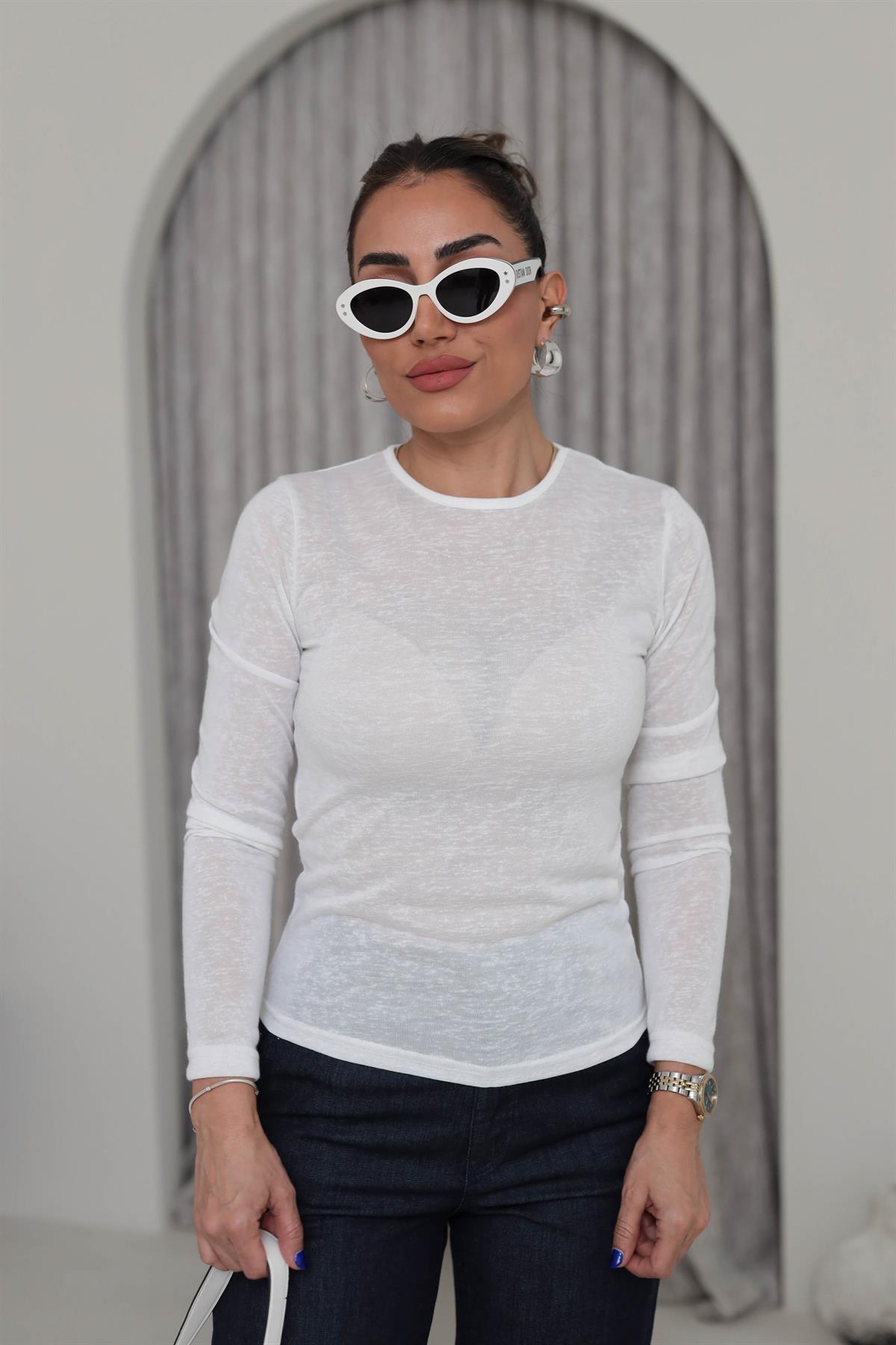 1091 Bisiklet Yaka Transparan Bluz EKRU