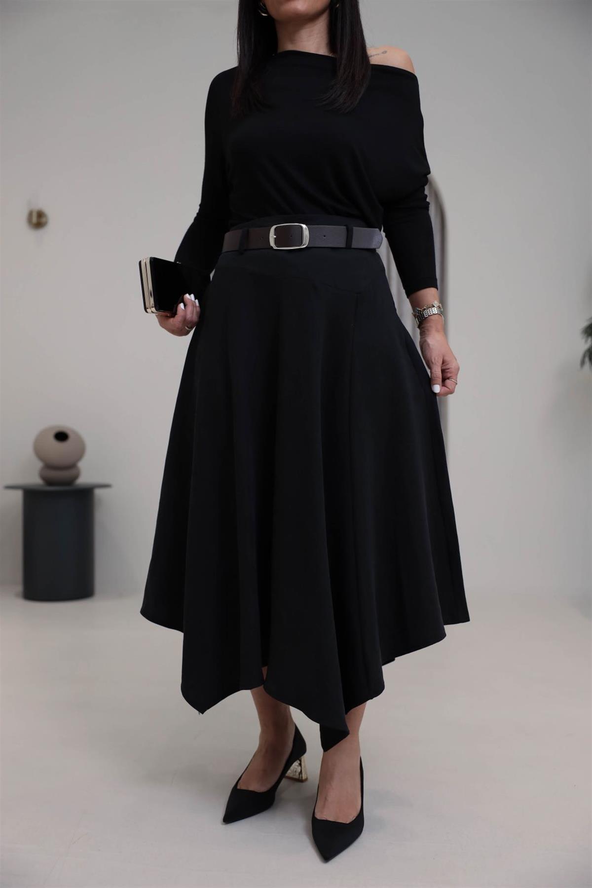 0670 Asimetrik Dikiş Detay Kemerli Kloş Etek SİYAH