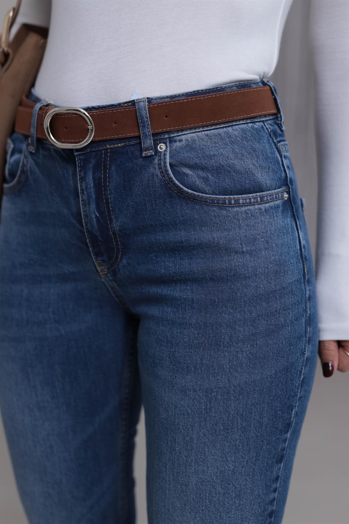 2057 Deri Kemerli Bootcut Pantolon MAVİ