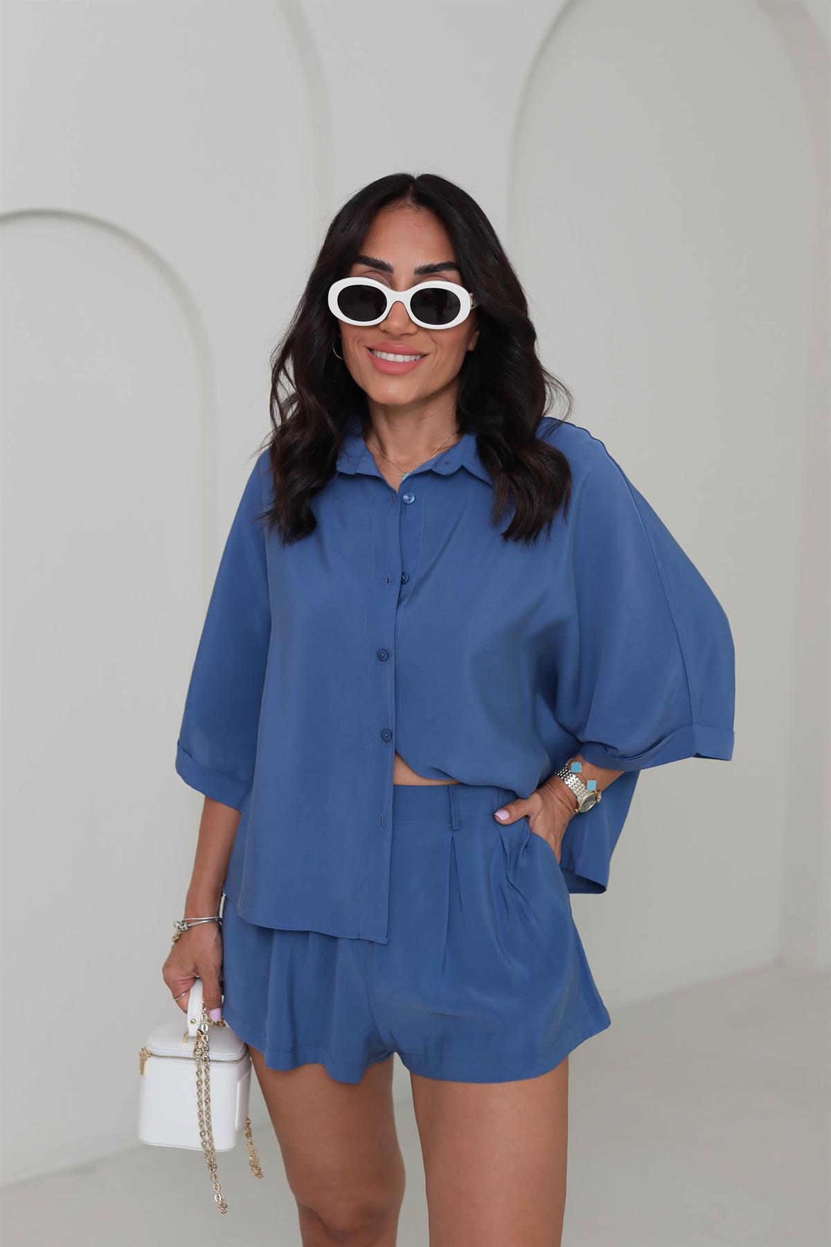 513 Tencel Düşük Omuz Gömlekli Şort Takım Indigo