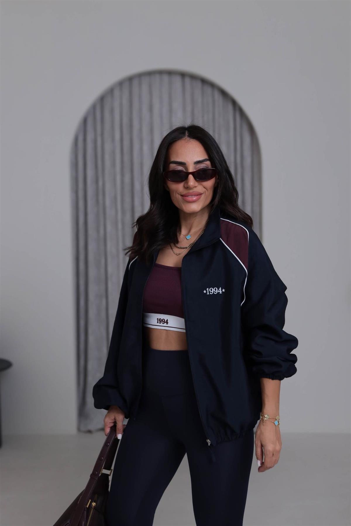 0769 Lastikli Yazı Detaylı  Paraşüt Kumaş Retro Ceket LACİVERT