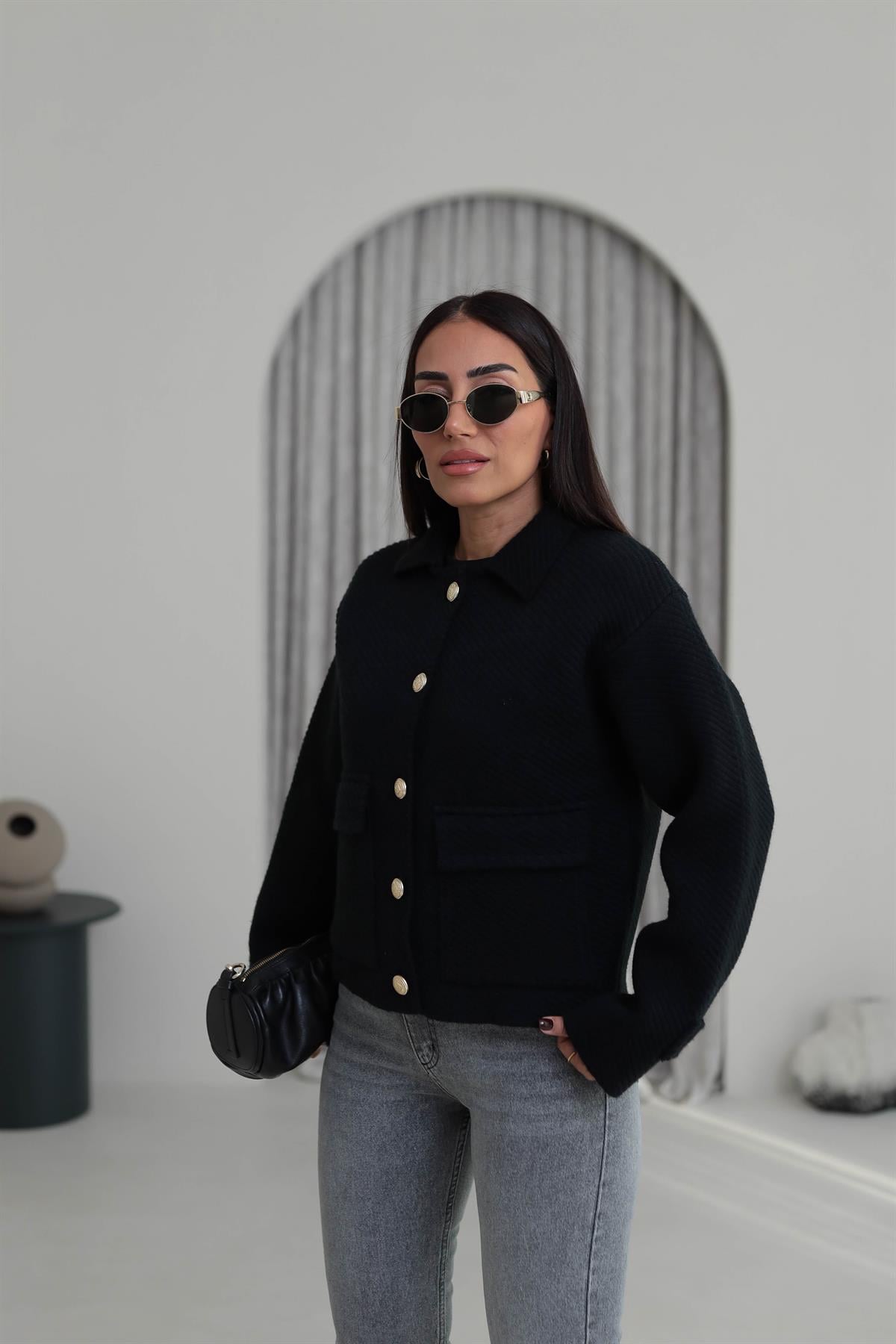 4204 Kalın Dokulu Gold Düğme Detaylı Ceket Hırka SİYAH