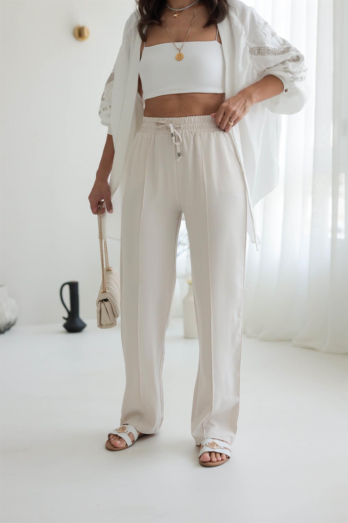 Tencel Kumaş Bel Lastikli Önü Çimalı Pantolon