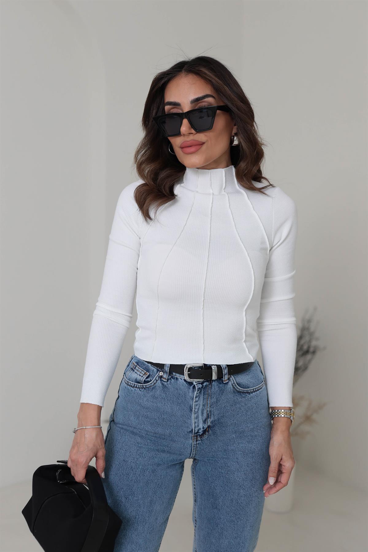 3875 Önü Dikişli Pamuklu Bluz EKRU