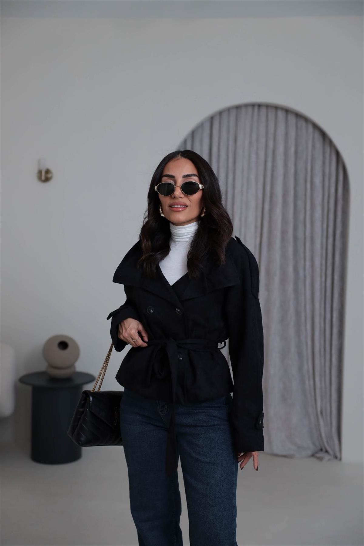 8437 Dik Yaka Kuşaklı Süet Ceket SİYAH