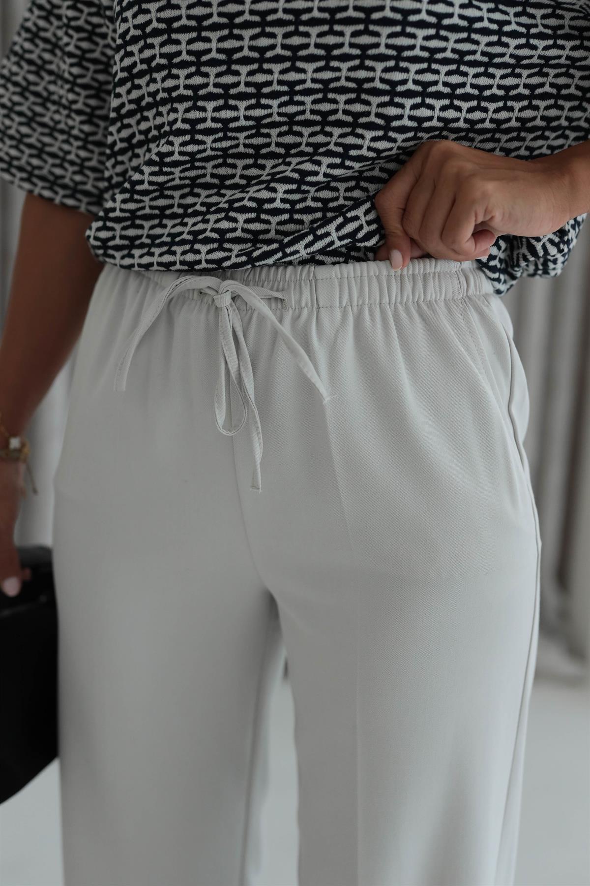 6054 Kemeri Lastikli Dokuma Kumaş Pantolon TAŞ