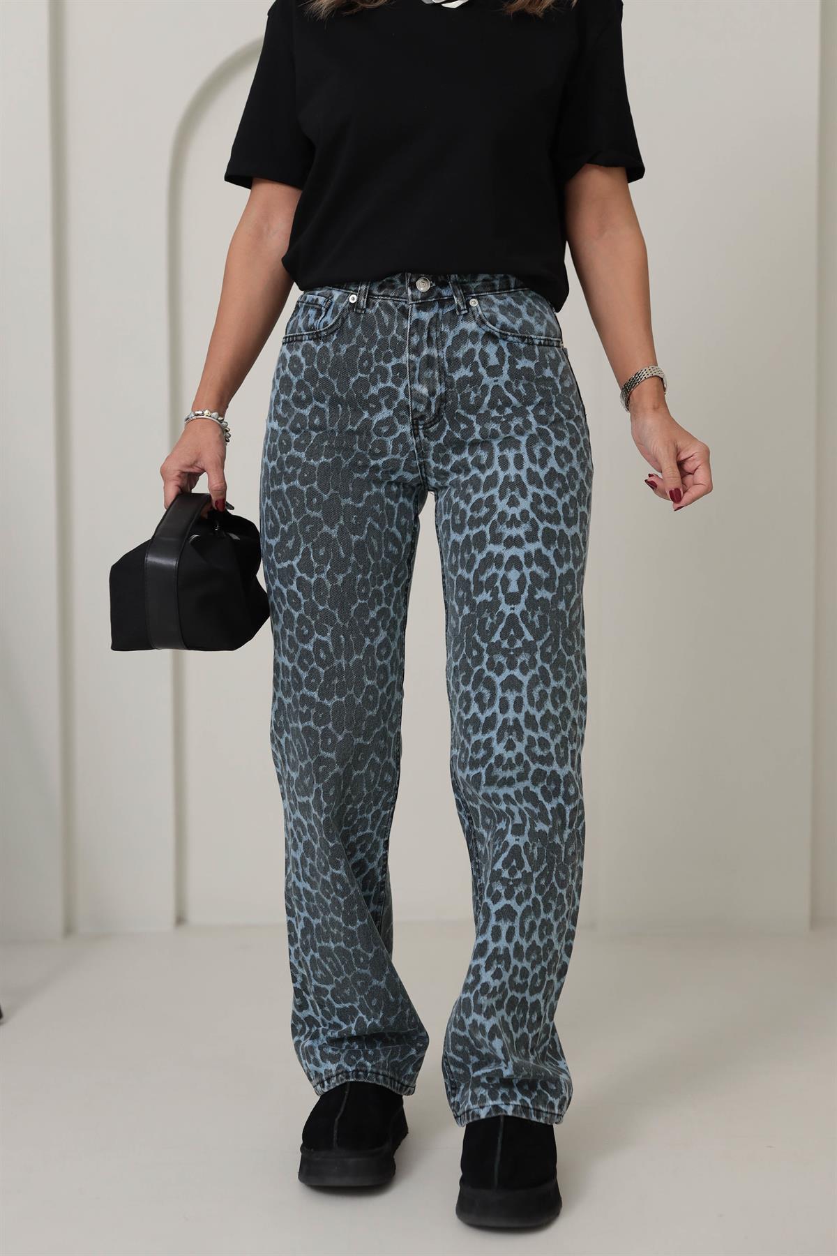 ZA Leopar Desenli Palazzo Pantolon LEOPAR MAVİ