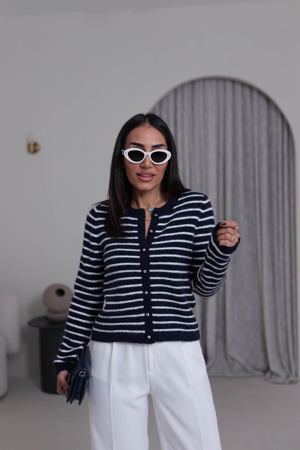 4870 Çizgili Şardonlu Bisiklet Yaka Hırka LACİVERT