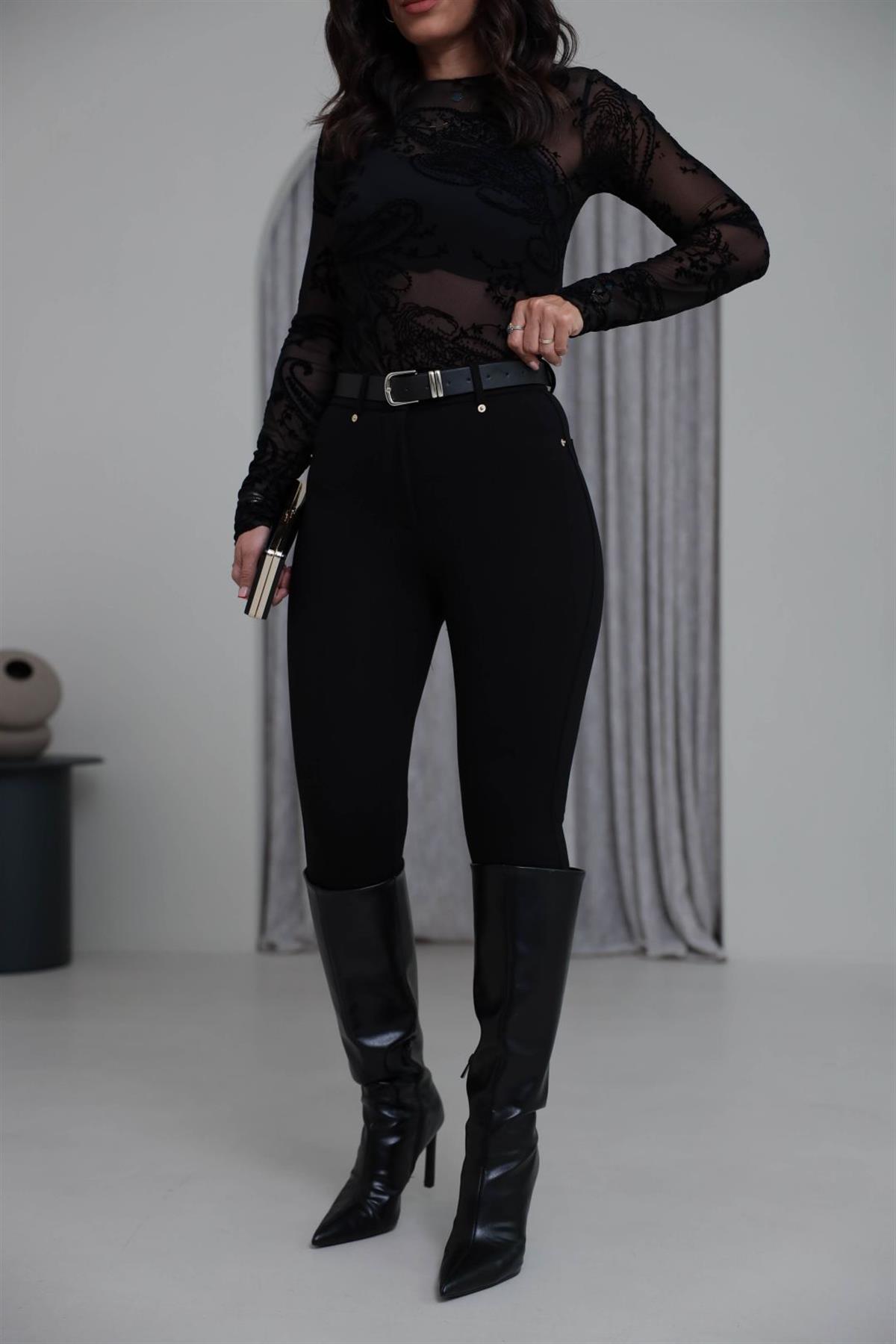 7004 Kemerli Çelik Tayt Pantolon SİYAH