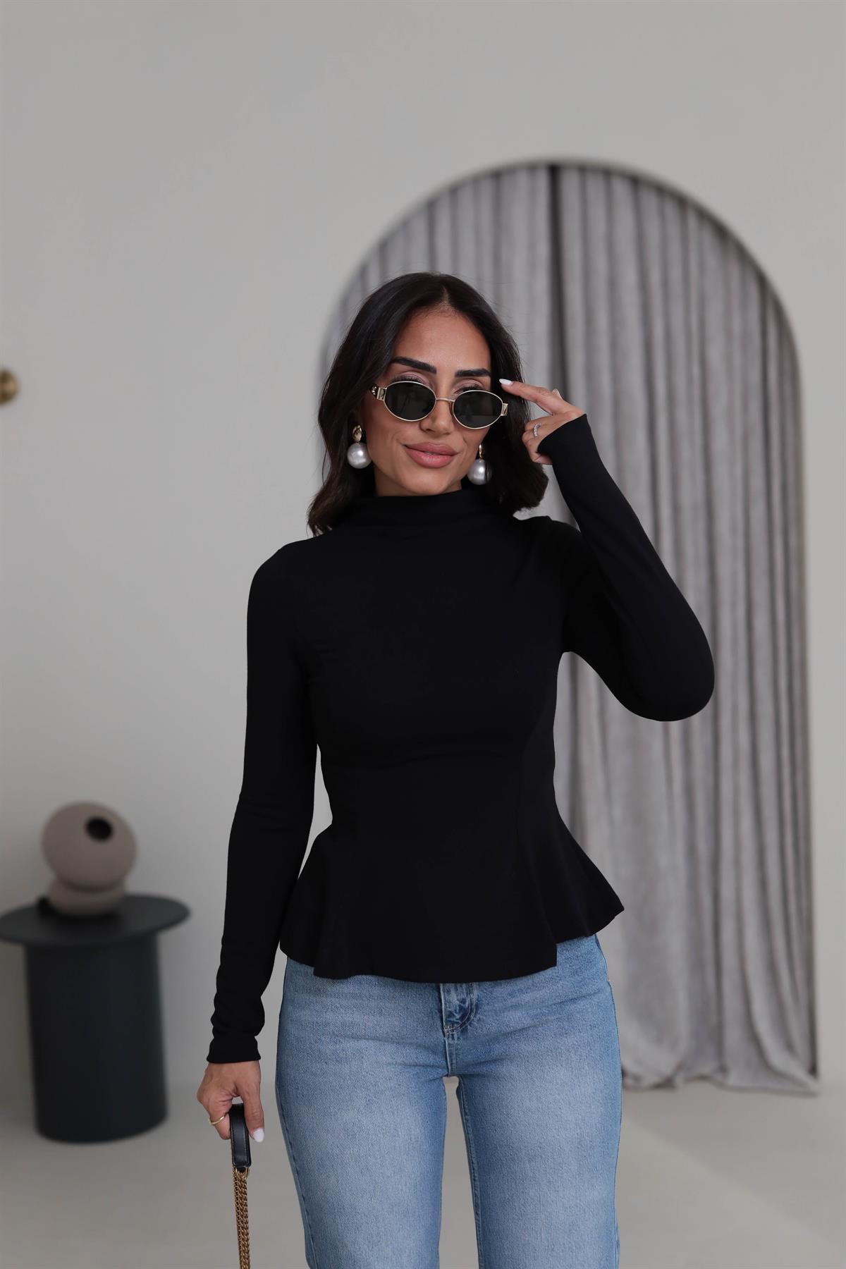 2038 Uzun Kollu Peplum Bluz SİYAH