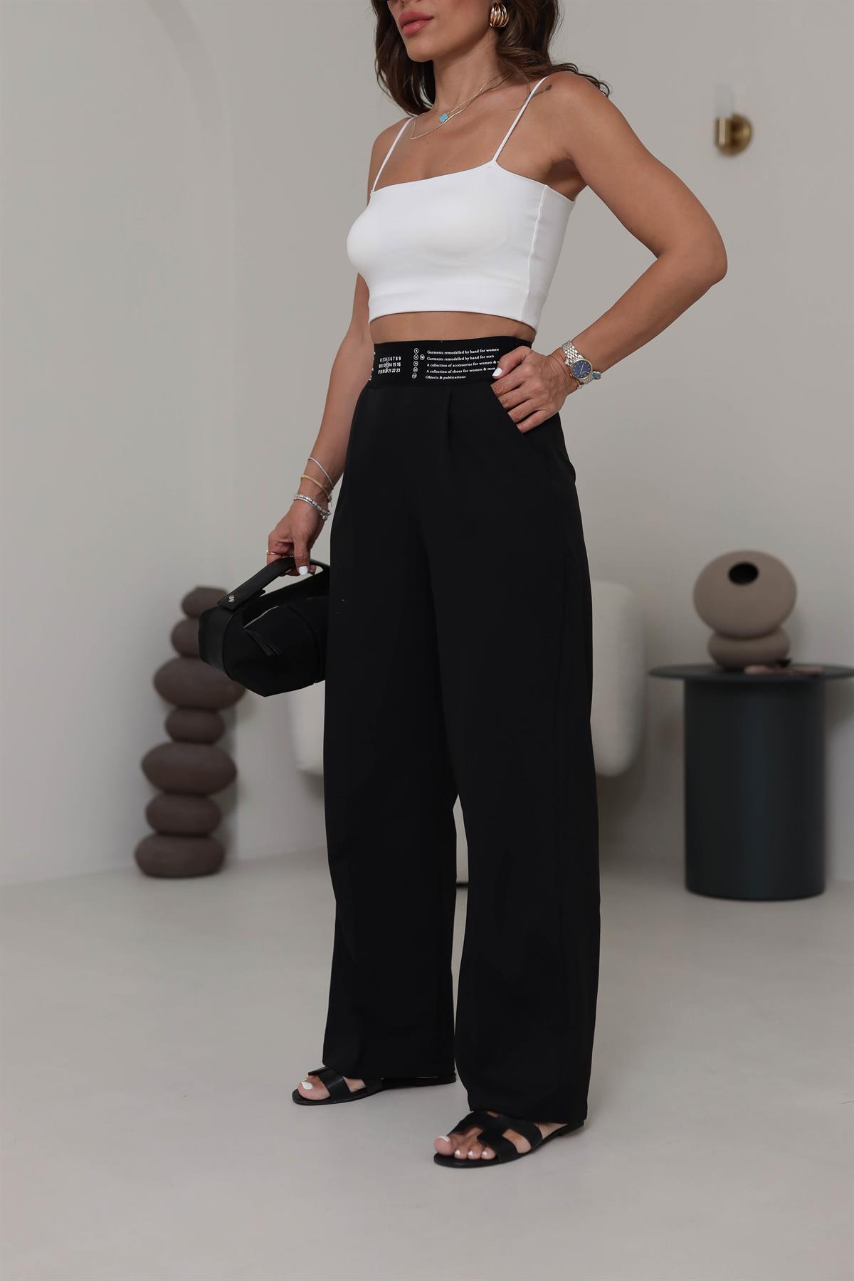 1153 Beli Lastik Ve Yazılı Palazzo Pantolon SİYAH