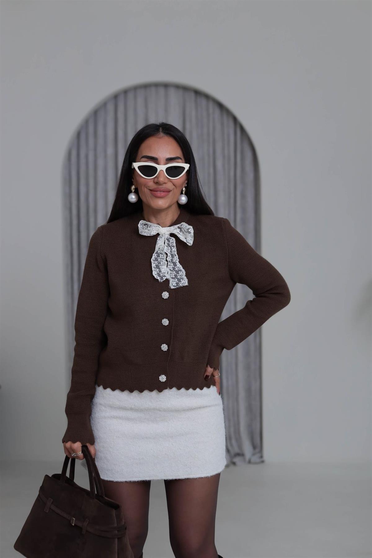 1088 Dantel Fularlı Triko Hırka ACI KAHVE