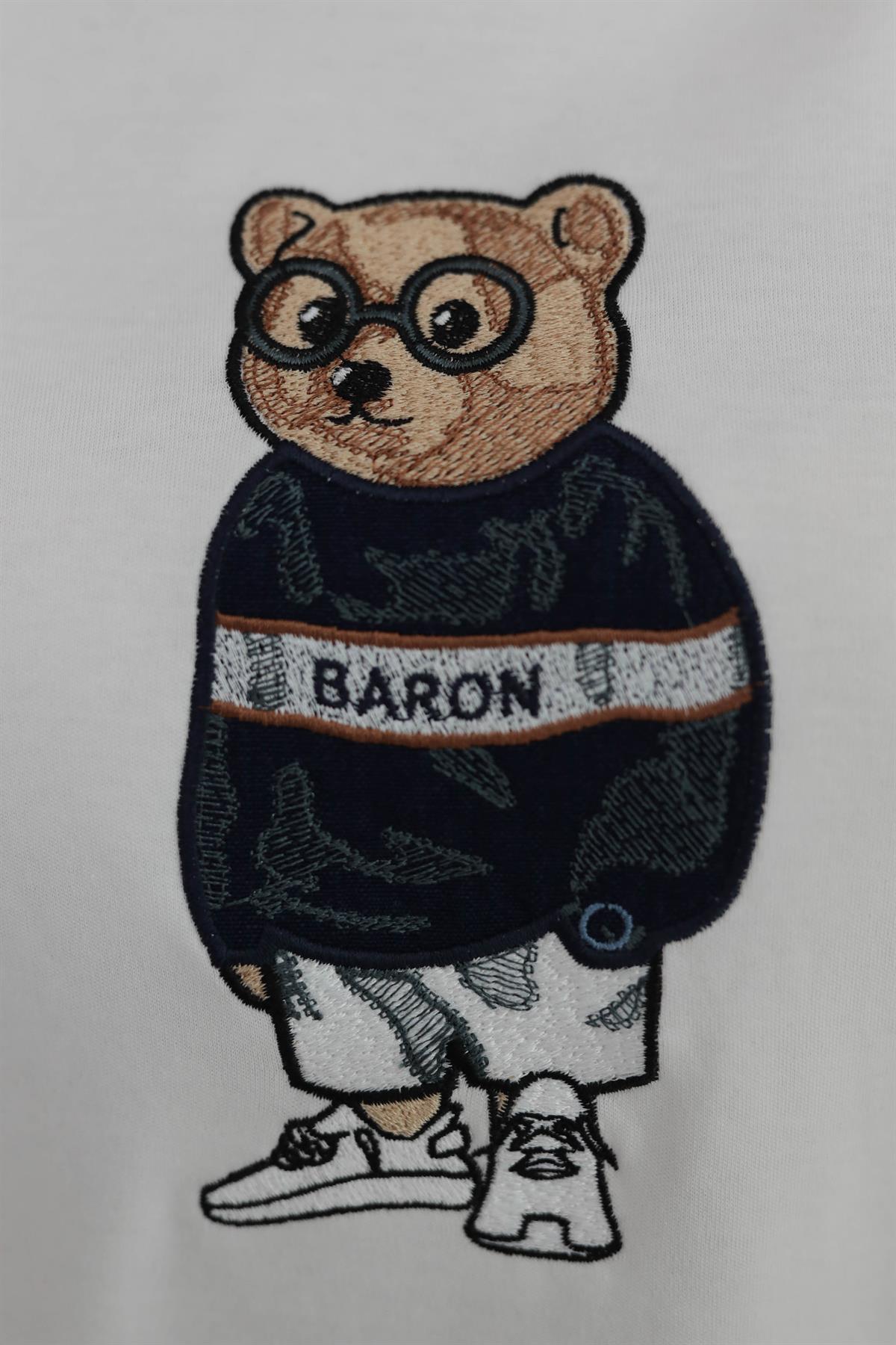 3512 Bisiklet Yaka Ayıcık Nakışlı Tshirt EKRU