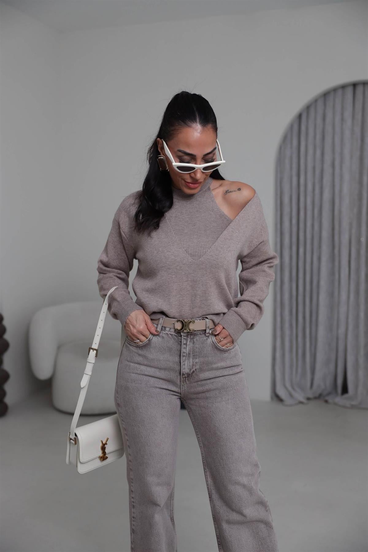 1206 V Yaka İkili Korsman Bluz VİZON