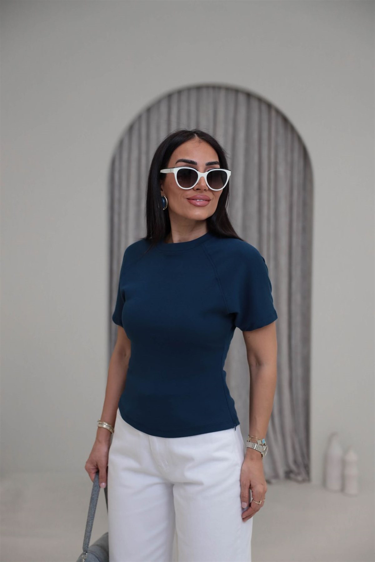 2322 Reglan Kol Yandan Fermuarlı Pamuklu Tshirt Indigo