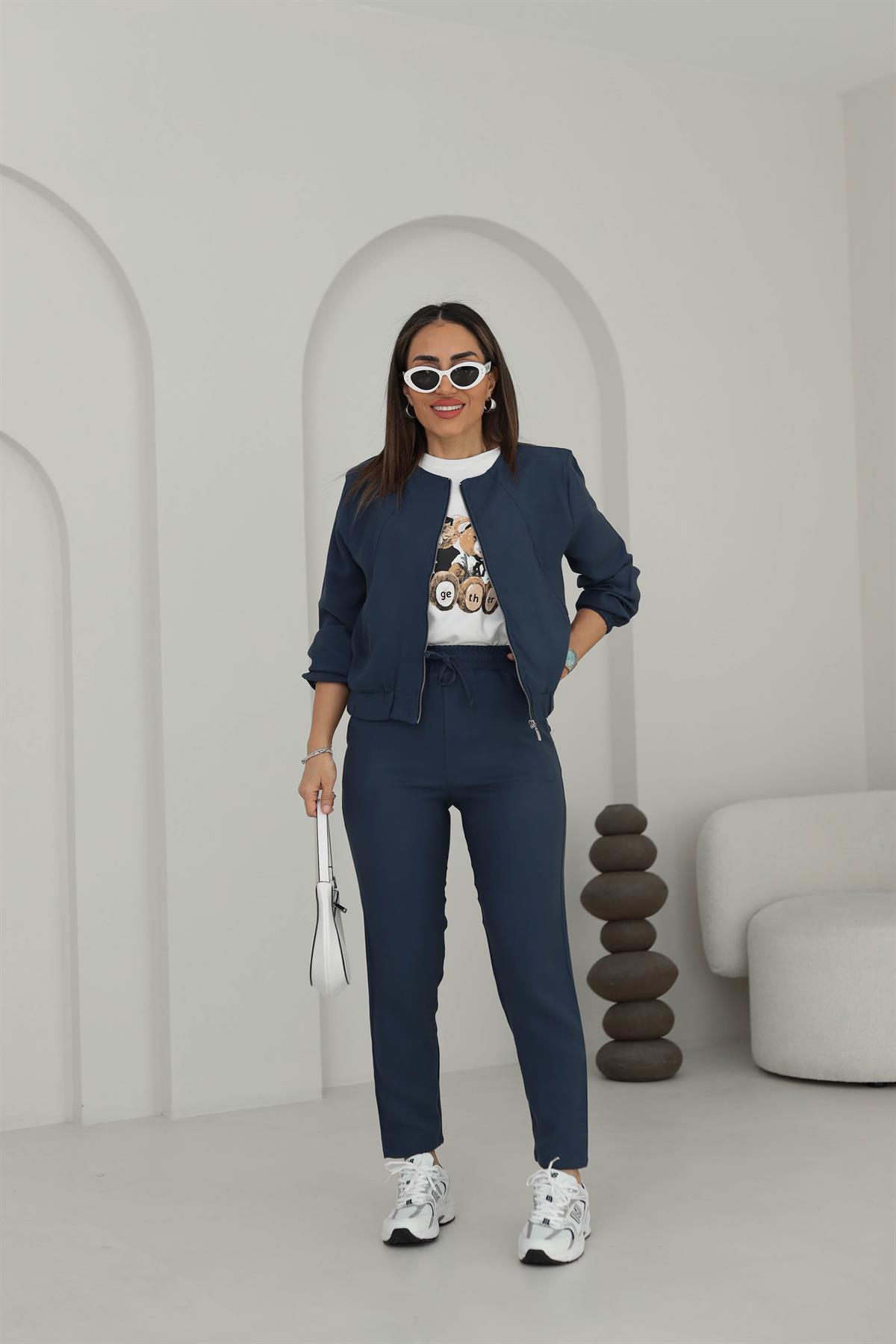 3193 Fermuar Ve Önü Lastik Detaylı Tencel Kumaş Takım Indigo