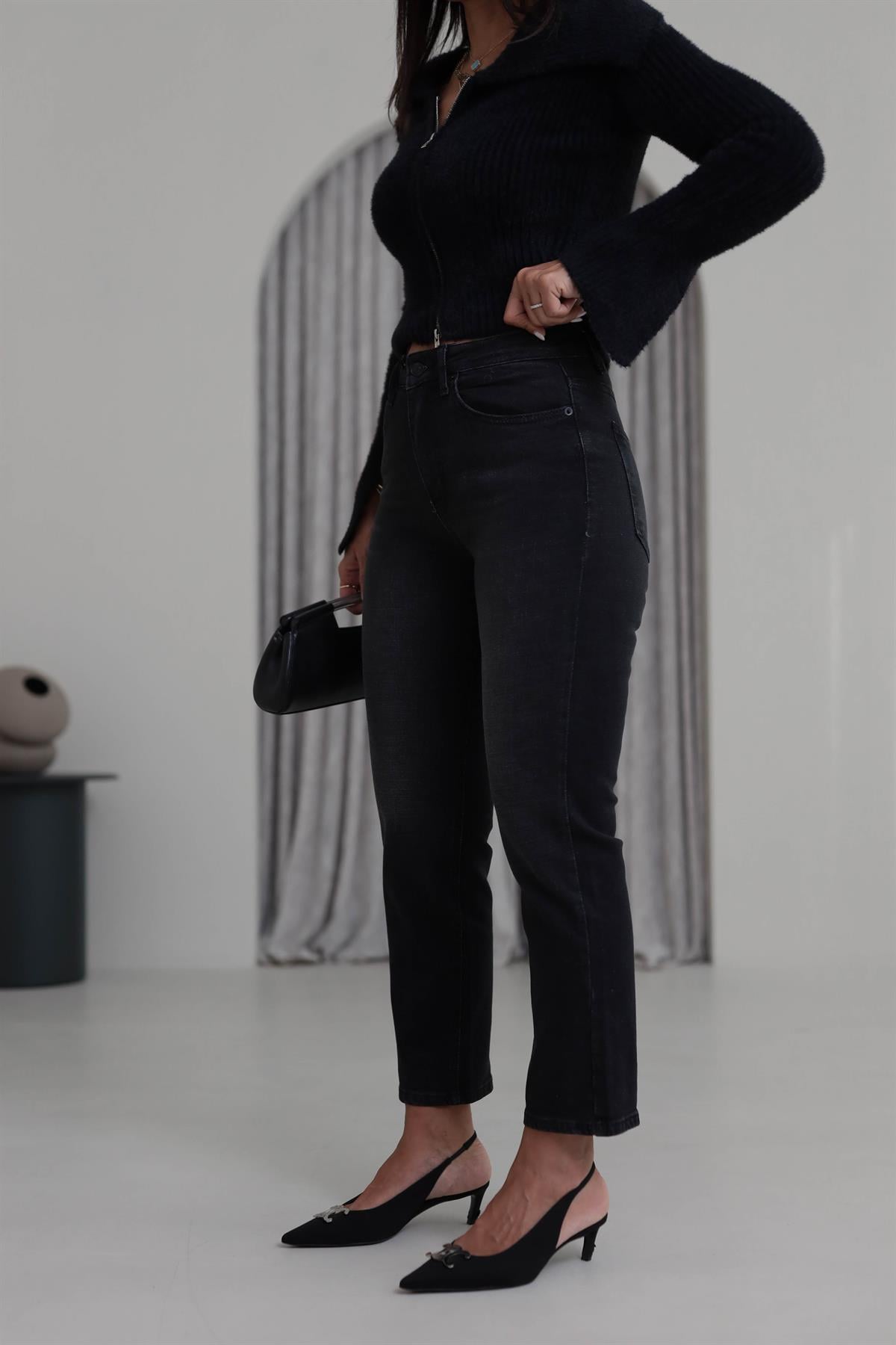 1419 ZA Likralı Mom Jean SİYAH