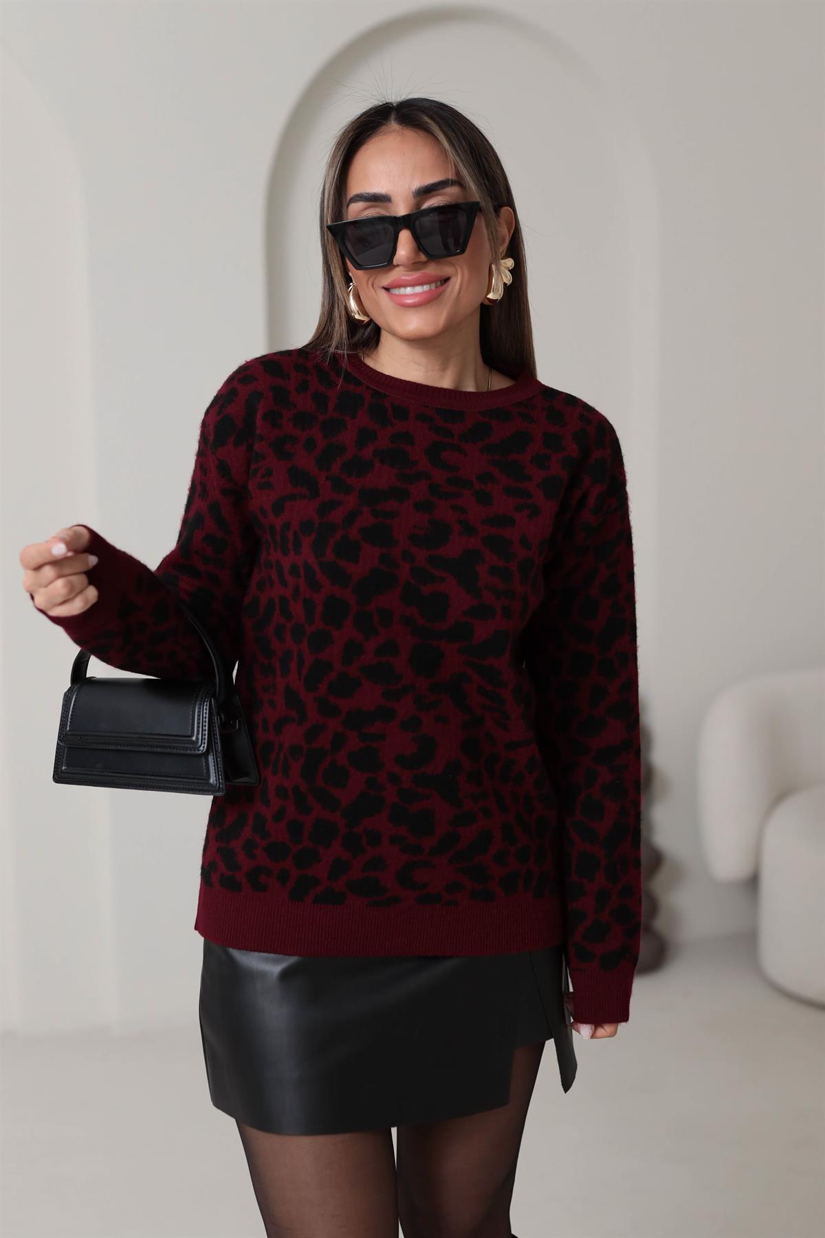 5216 Bisiklet Yaka Leopar Desen Triko BORDO