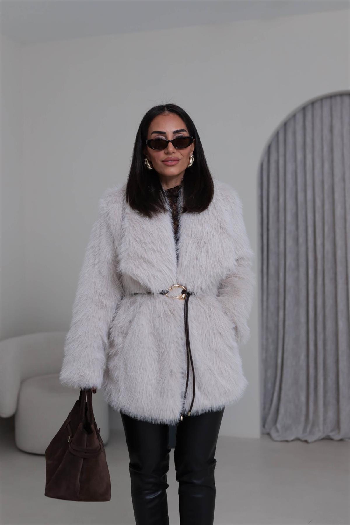 Yakalı Kemerli Suni Kürk Kaban TAŞ