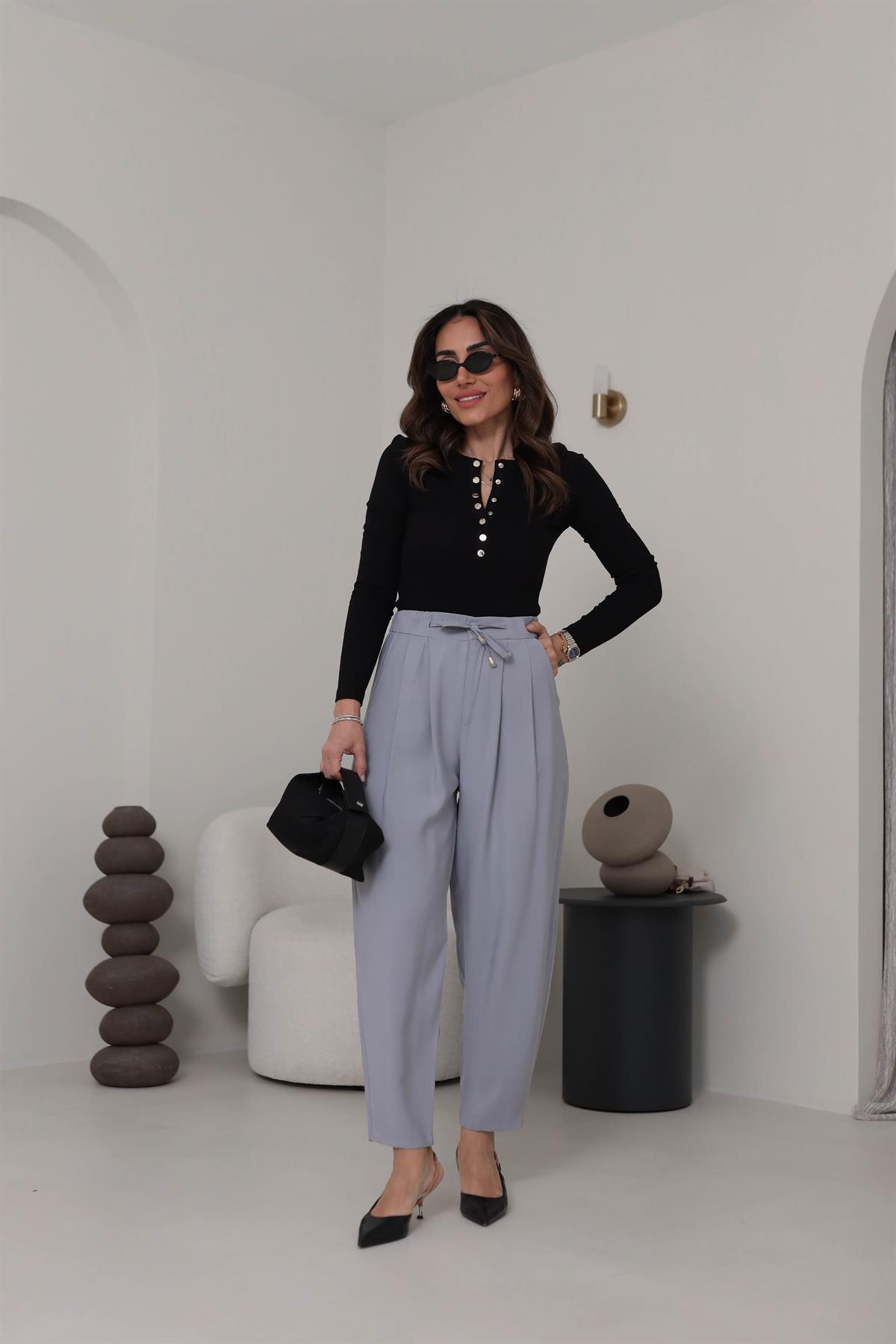 0266 Önden Bağcıklı Tencel Kumaş Havuç Pantalon AÇIK GRİ