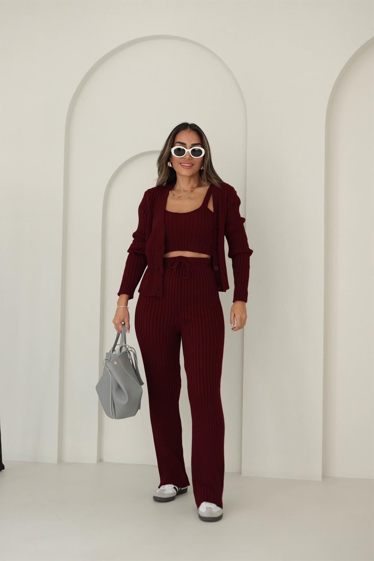 5190 Fitilli Üçlü Triko Takım BORDO